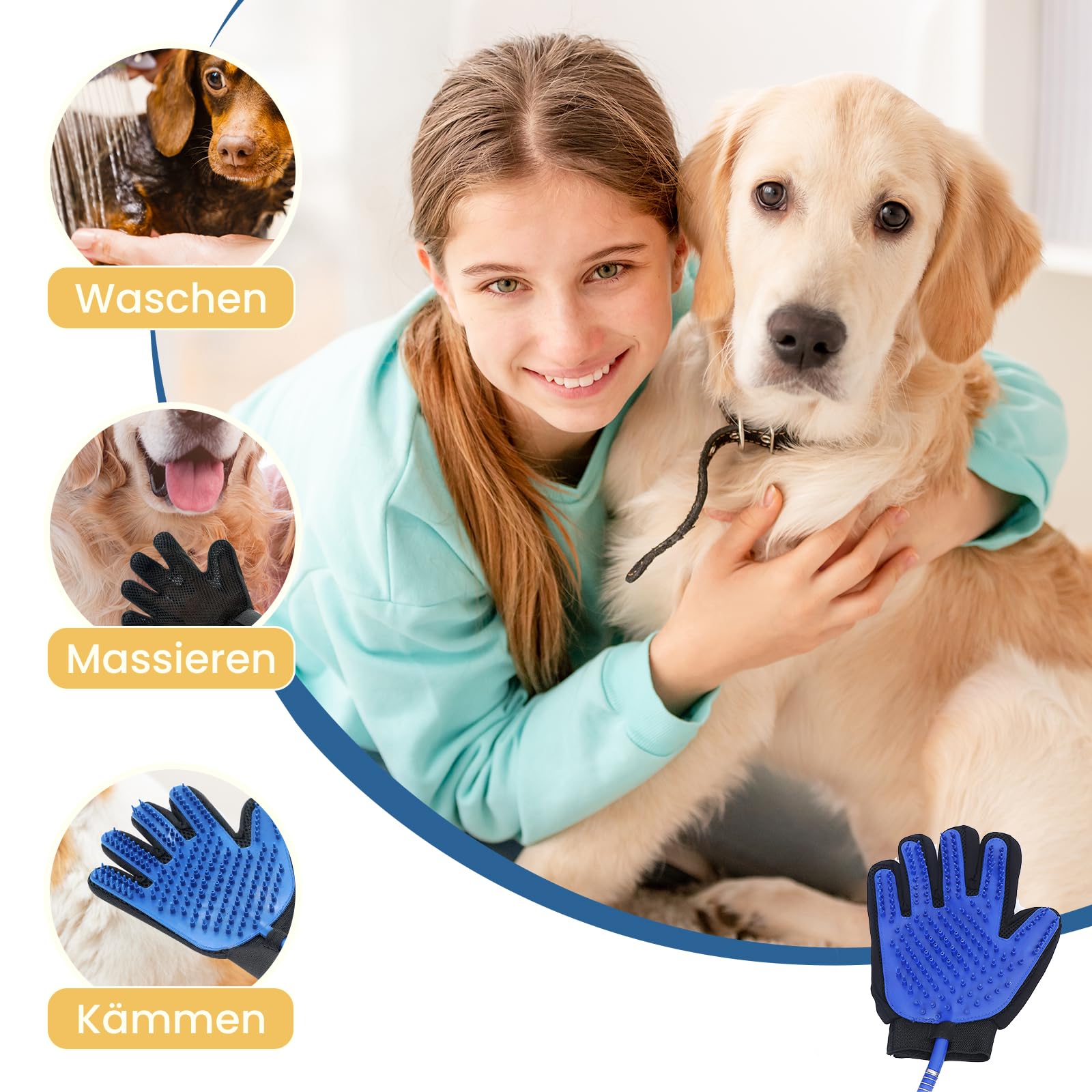 4 in 1 Hundebadbürste, Haustier Duschkopf, Hunde Badebürste mit 2.1 Meters PVC Schlauch und 3 Schlauchadapter, Hundebürsten für Schrubben, Massieren und Pflegen