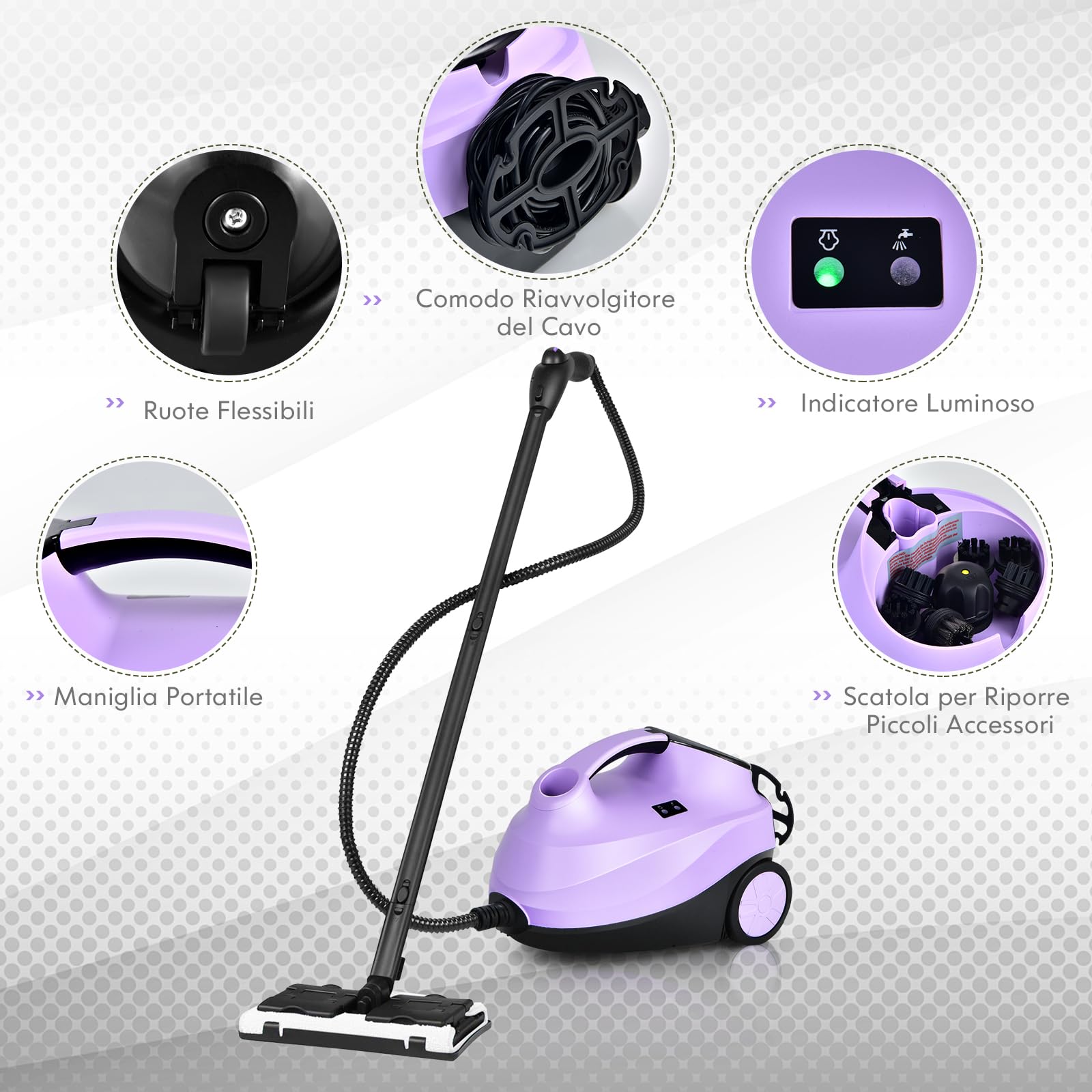 COSTWAY 2000W Pulitore a Vapore con 19 Accessori e Serbatoio da 1,5L, Vapore per Tappeti, per Pulizie Profonde Pavimenti Finestre e Macchine (viola)