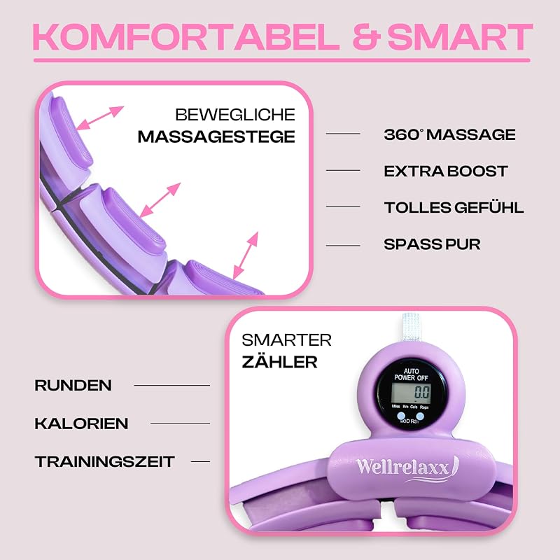 WELLRELAXX Smart Hula Hoop Csendes Súlygolyóval és Számláló Funkcióval - Lila Fogyókúrás Karika Derékszorítóval 70-110 cm