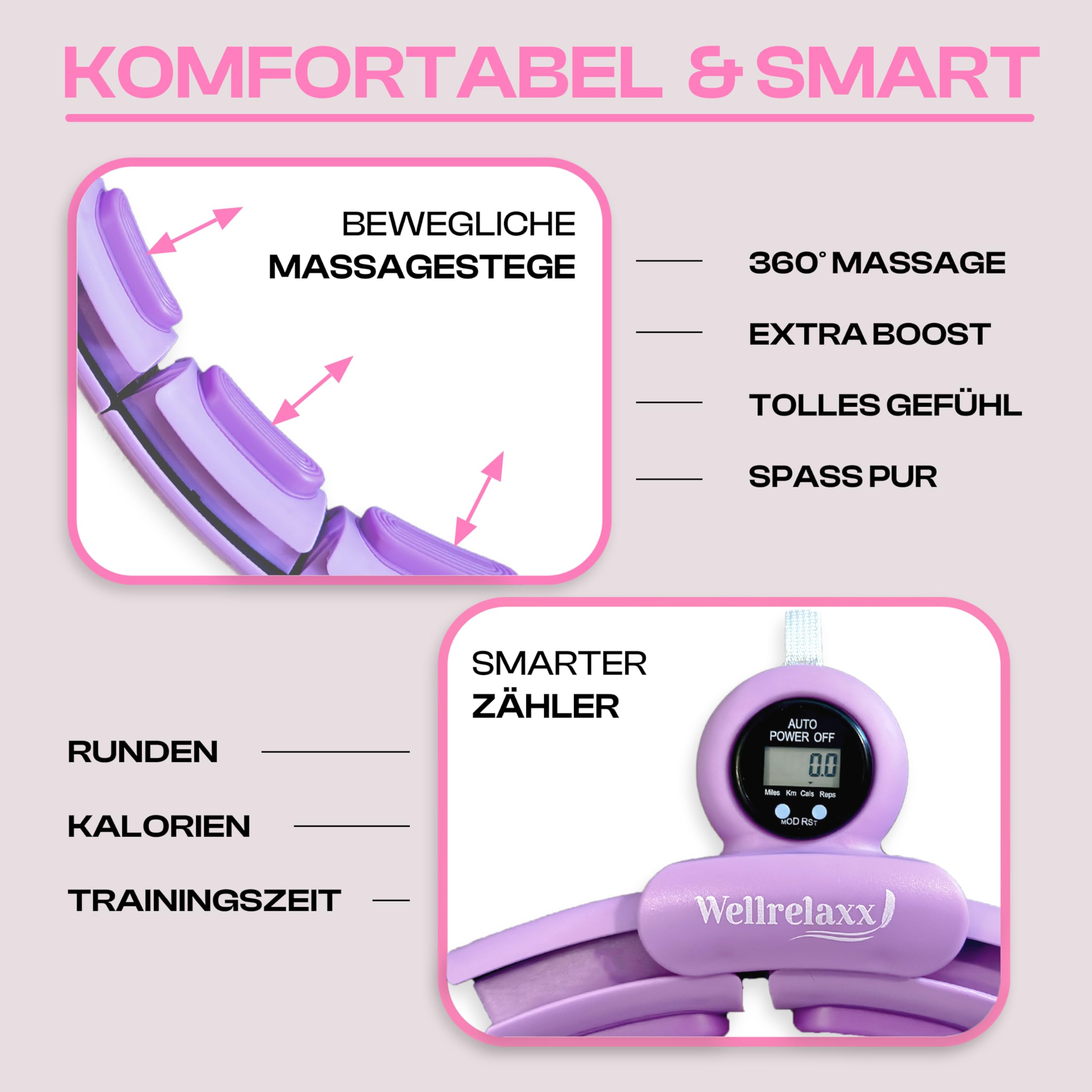 Wellrelaxx Smart Hula Hoop leise mit Zähler | Hula Hoop mit Gewicht Kugel | Hullahub Reifen zum Abnehmen | Hoola inklusive Bauchweggürtel | Umfang 70-110cm