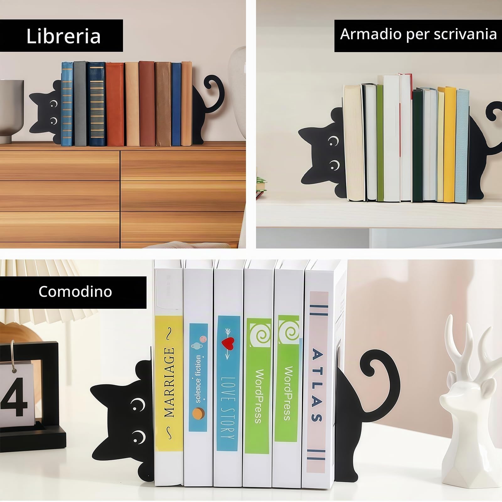 Gatto Curioso Fermalibri in Metallo 2 Stili Decorativi per Casa e Ufficio Regalo Lettori