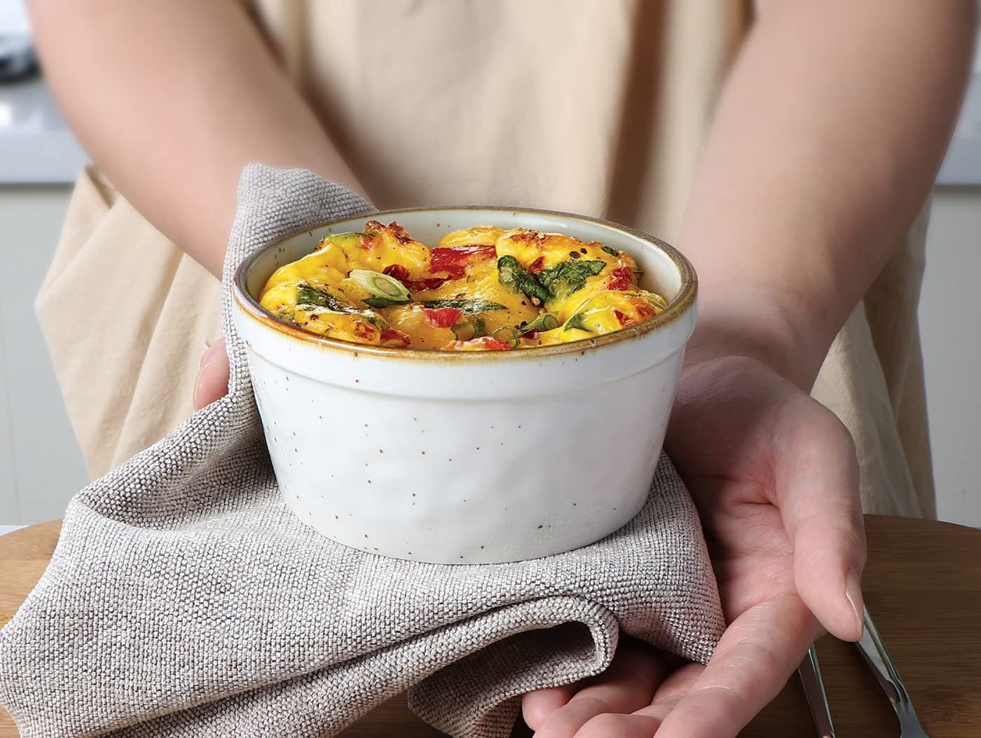 ONEMORE 350 ml ramekin, duży rozmiar ceramiczne naczynie do pieczenia rustykalny styl (kremowa biel)
