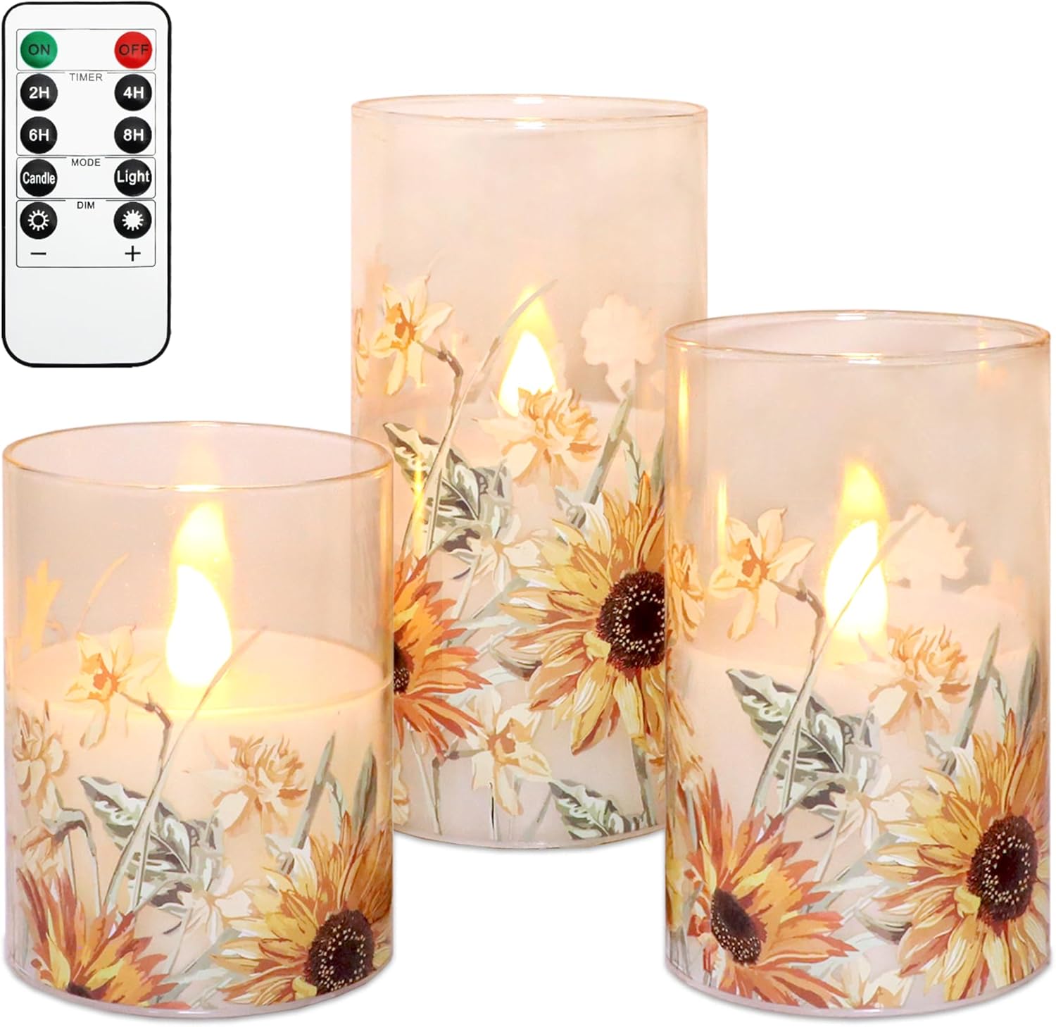 Sunflower Glass Flameless Candles Remote Timer Battery Operated Flickering LED Pillar Candle Spring Summer Decoration Gifts for Women Mom Mothers Day Birthday, Set of 3