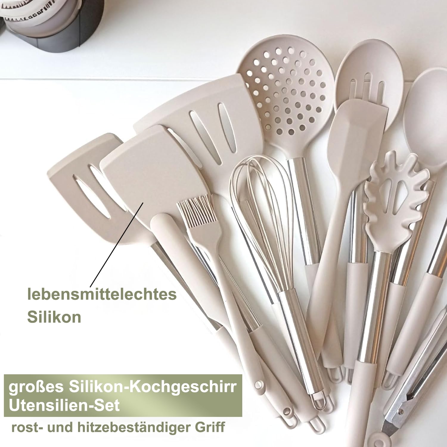 Lot de 26 ustensiles de cuisine en silicone résistants à la chaleur avec porte-ustensiles, anti-adhésif, avec poignée en acier inoxydable, passe au lave-vaisselle, kaki