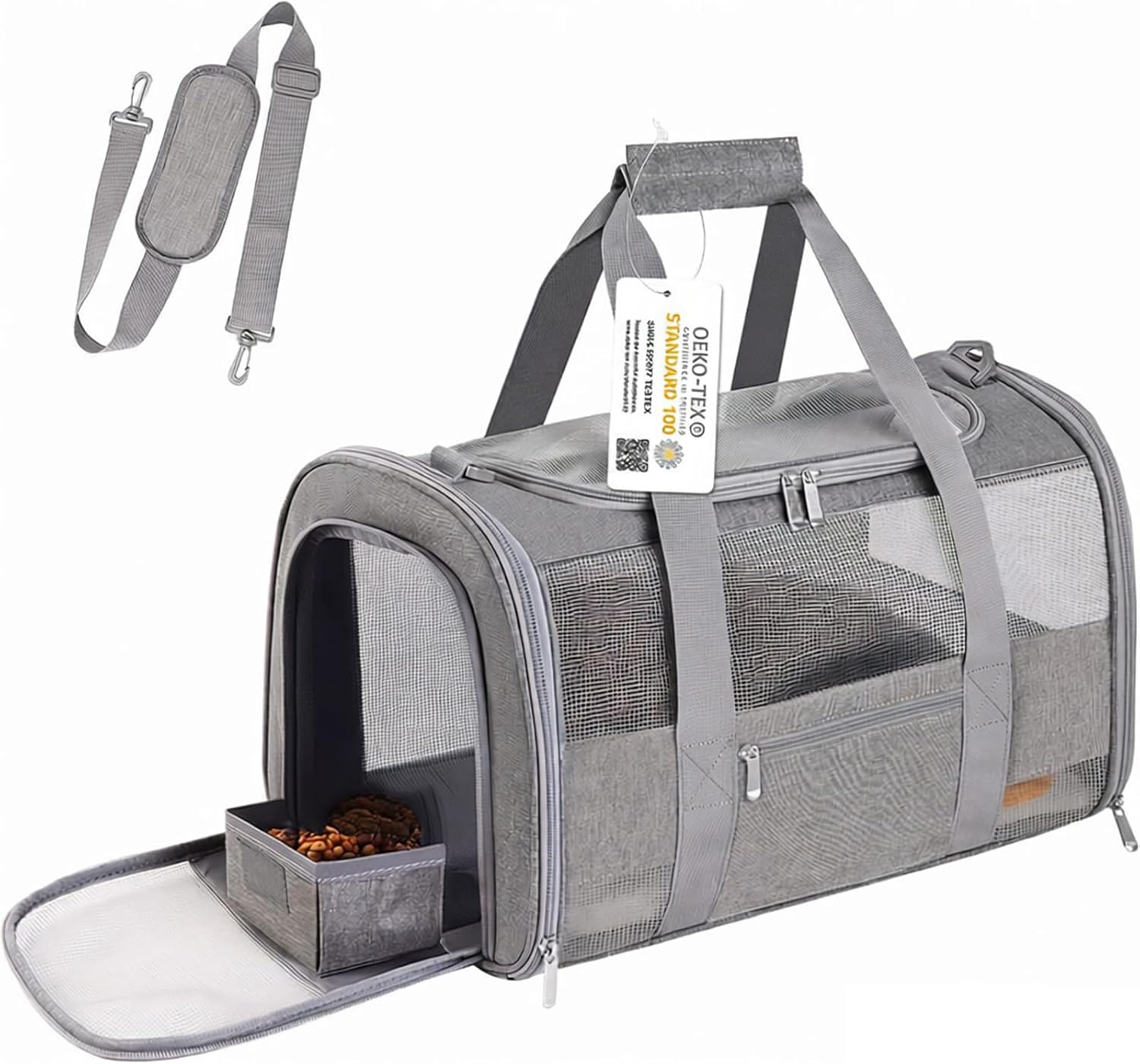 Soft - Sided Pet Carrier for Cats and Small Dogs, Airline - Approved, Grey Travel Tote with Mesh Windows, Foldable Bowl, Shoulder Strap, Oeko - TEX Certified