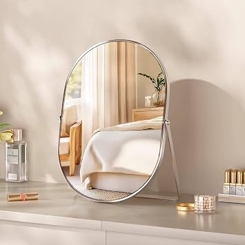Free Standing Desktop Mirror with Stand,Large Dressing Table Tabletop Metal Frame Cosmetic Vanity Makeup Oval Wall Hanging Mirror Full Length for Bathroom Bedroom Living Room Silver
