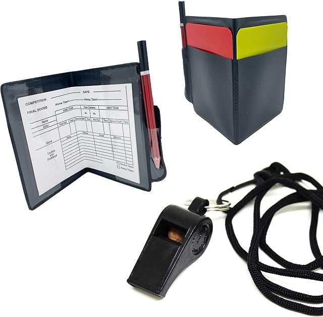 Fitness Health Refs Whistle with neck lanyard and Referee Cards Red/Yellow Wallet Football Notebook Pencil Kit - Soccer Coach Sport Set