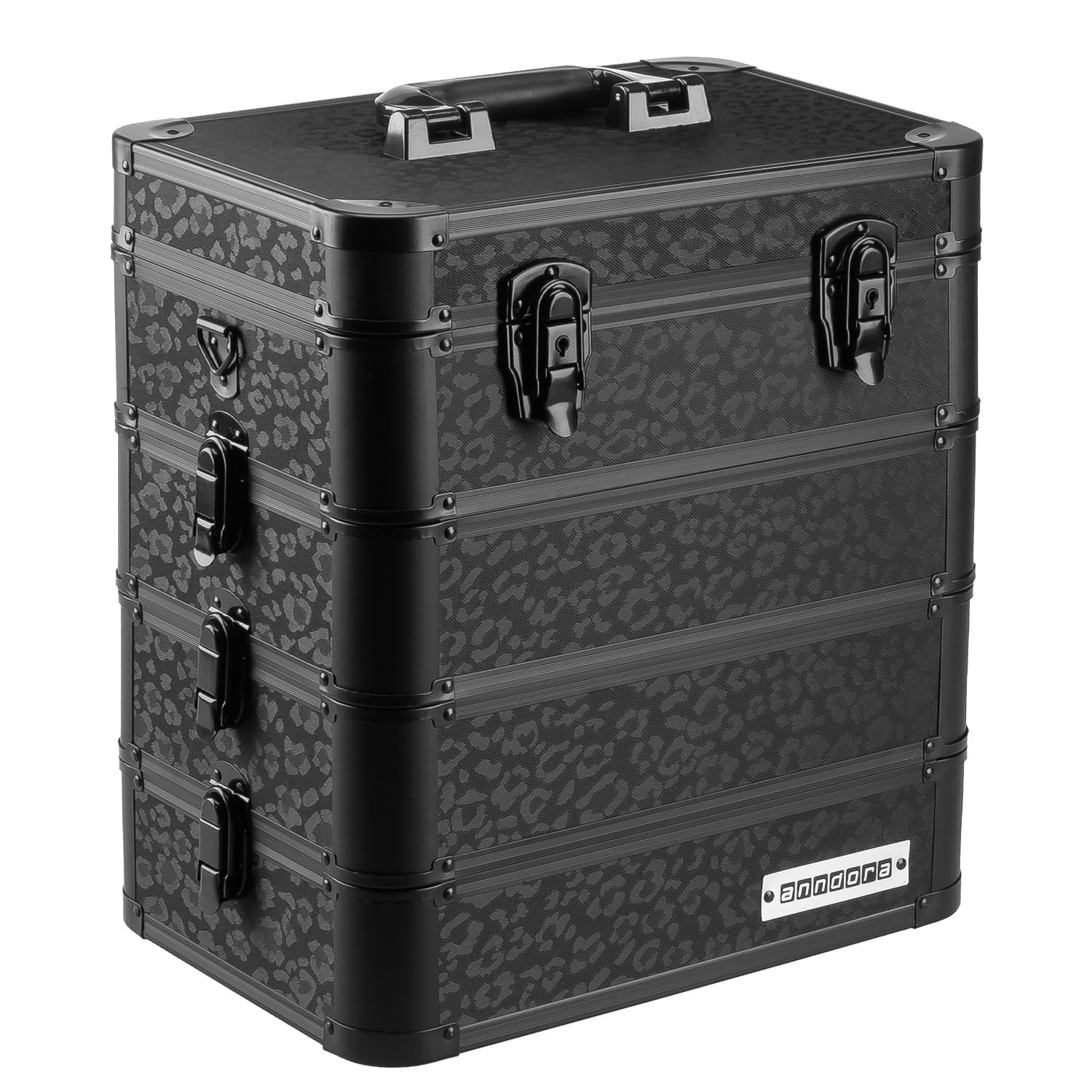 anndora Universalkoffer Etagenkoffer 23 Liter Werkzeugkiste 4 Ebenen – Leo Panther Design – komplett schwarz