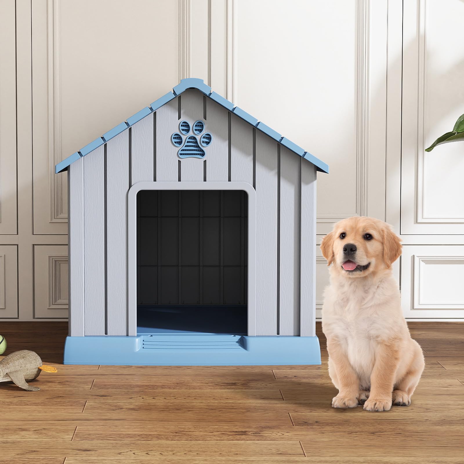 COSTWAY Caseta Perro Grande, 76x83x83 cm, Casa de Perro Exterior con Rejillas de Ventilaciones y Base Elevado, Refugio Impermeable Aislado para Mascotas Pequeños y Medianos Interior y Exterior, Azul
