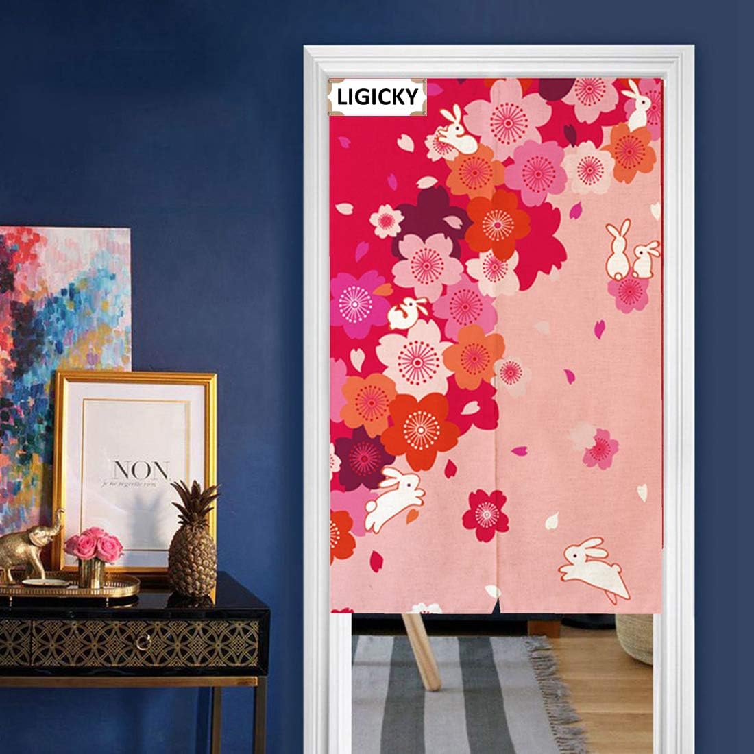 LIGICKY Japanese Style Noren Long Doorway Curtain Running Rabbits Door Curtains Window Tapestry for Home Decoration 33.5"x59" Pink - Image 3