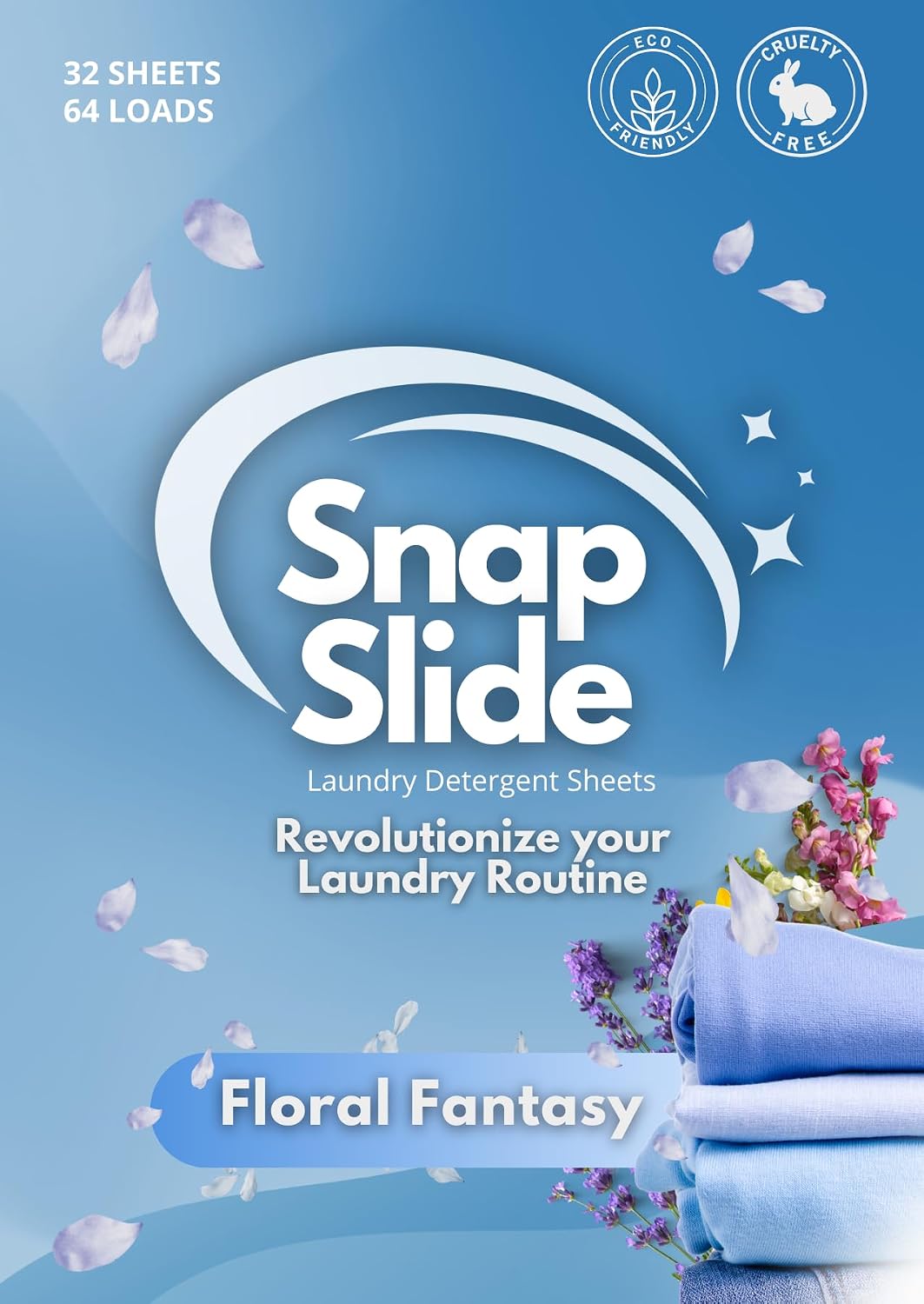 Floral Fantasy Laundry Detergent Sheets, 64 Loads standard/large, Eco-friendly, Deep Clean, Hypoallergenic, No Plastic Jug, Travel, usd 0.23 per load, White
