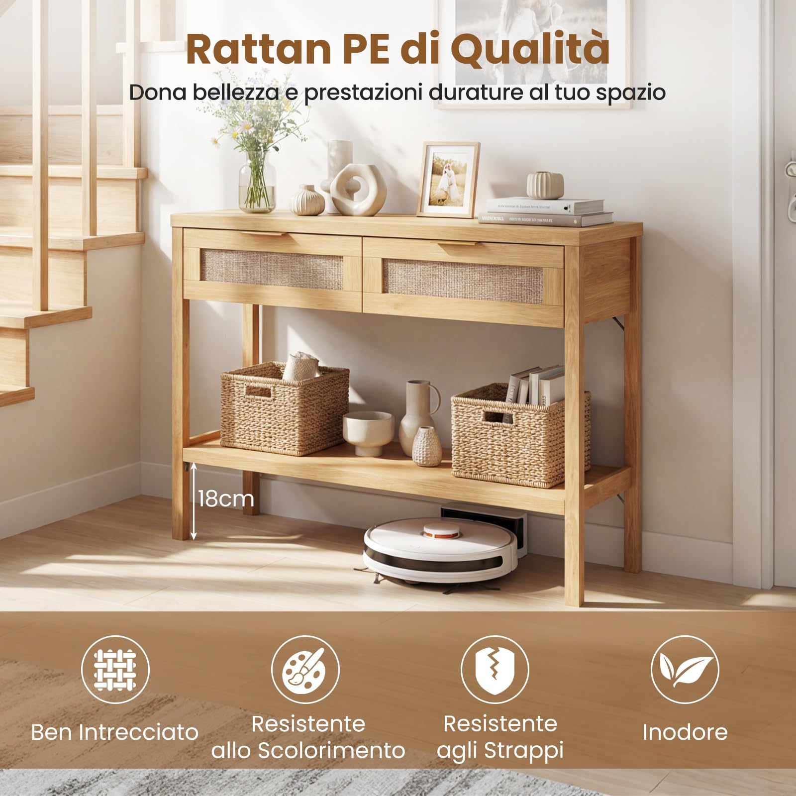 COSTWAY Tavolo Consolle, Tavolino da Divano in Legno con Doppio Cassetto, Ripiano Inferiore e Ampio Piano, Kit Antiribaltamento, Consolle per Ingresso, Corridoio e Soggiorno (Naturale)