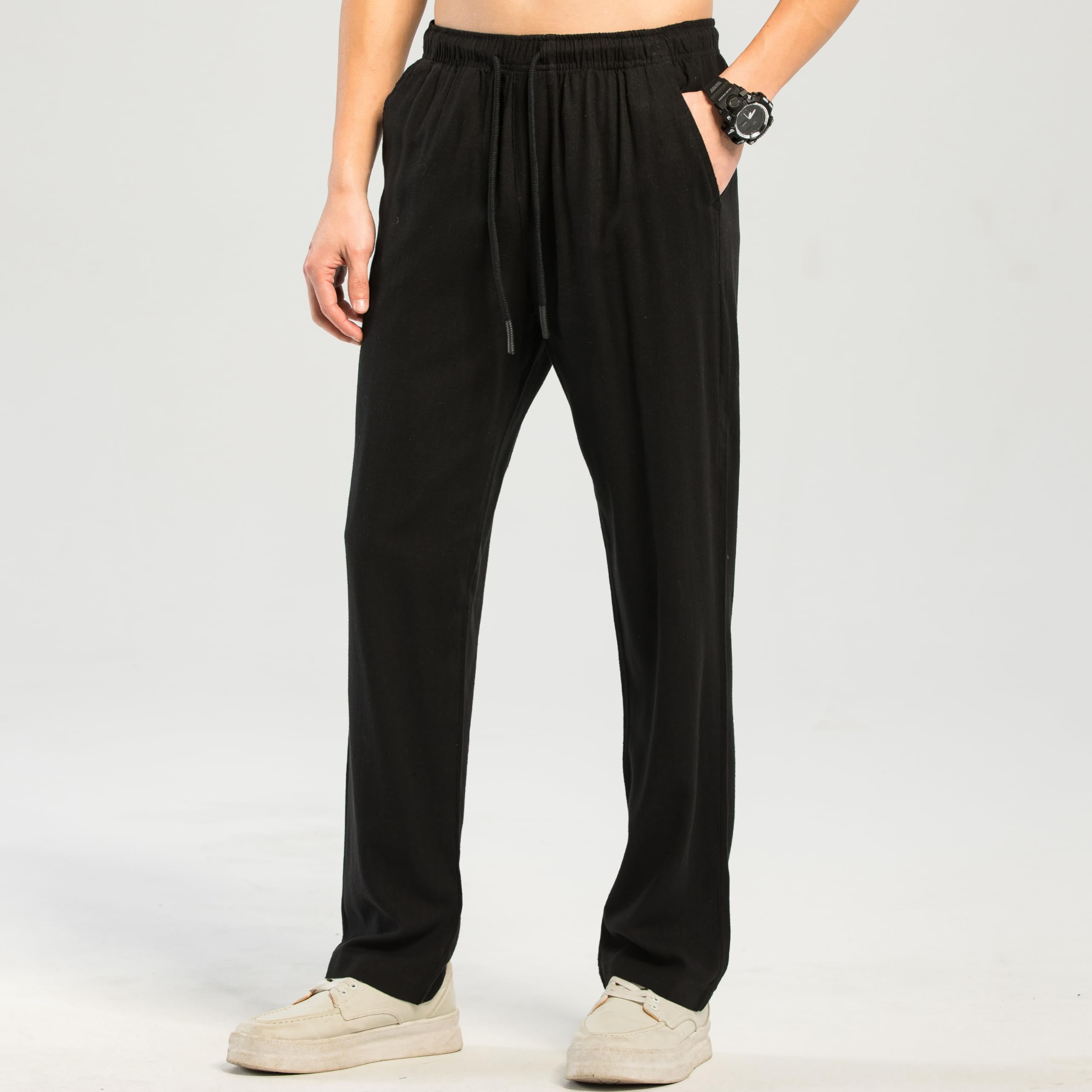 TONY BACKER Pantaloni Uomo Lino Estivi Tasche Coulisse Elasticizzata Casual Spiaggia Yoga P2711