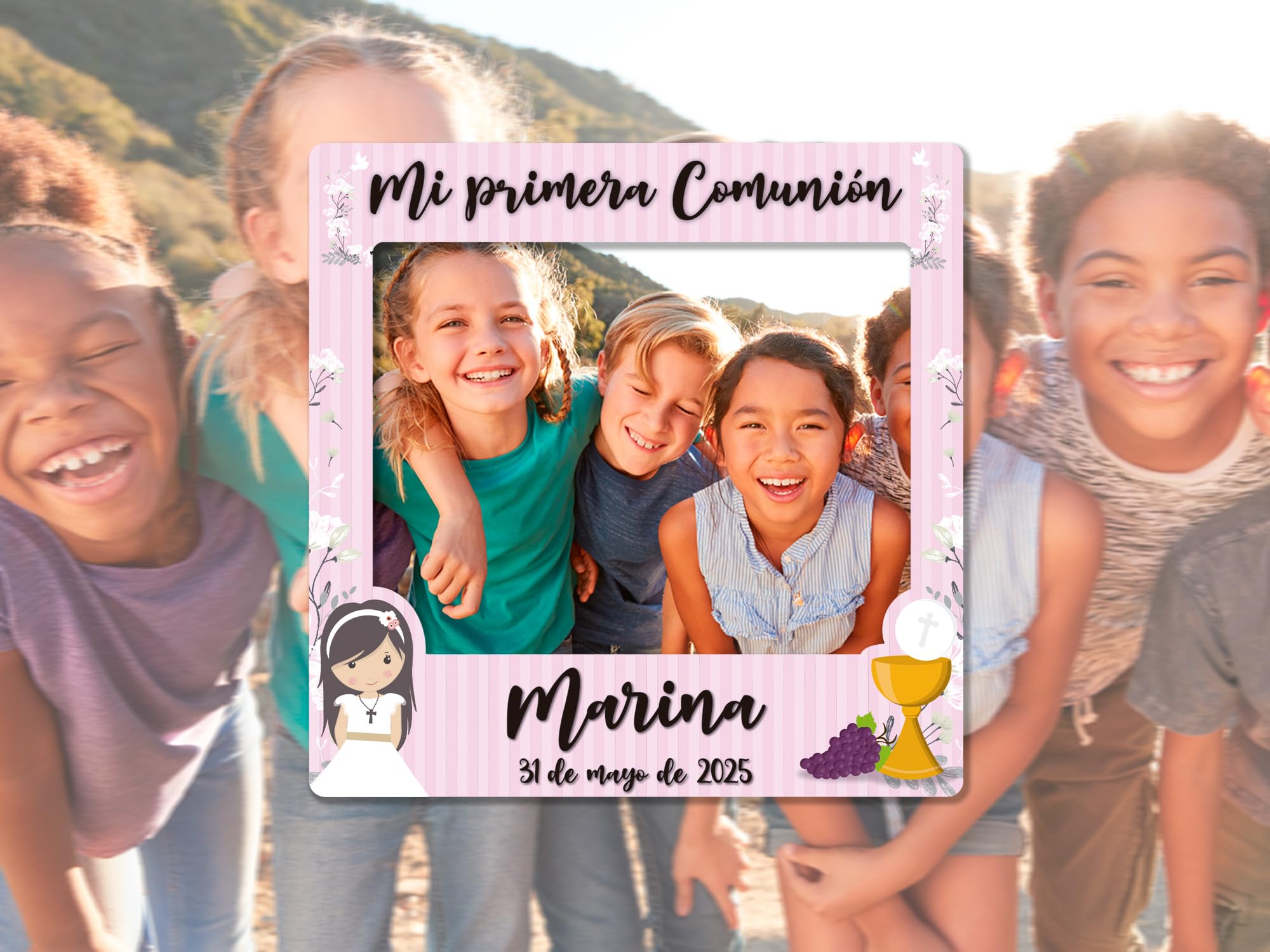 Oedim Photocall en Cartón para Comunión + Cartel Rosa Personalizado, 100x100cm, 70x50cm, Eventos o Celebraciones puntuales, Ventana Troquelada, Photocall Divertido