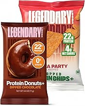 Legendary Foods High Protein Snack Bundle: Dipped Chocolate Protein Donut (22g Protein, 0g Sugar) and Pizza Party Popped Protein Chips (22g Protein, 4g Net Carbs) - Keto Friendly Low Carb Snack Pack