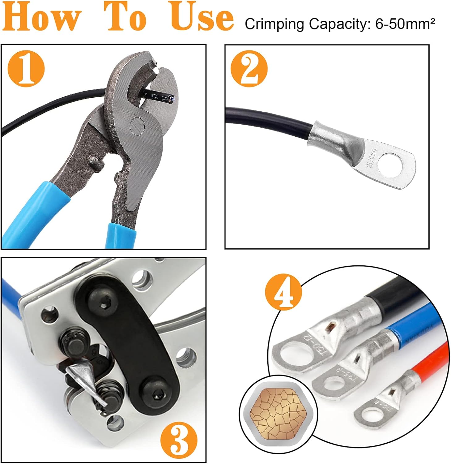 Battery Cable Wire Lug Crimping Tool for AWG 8,6,4,2,1,1/0 Terminals Crimper with Wire Shear Cutter