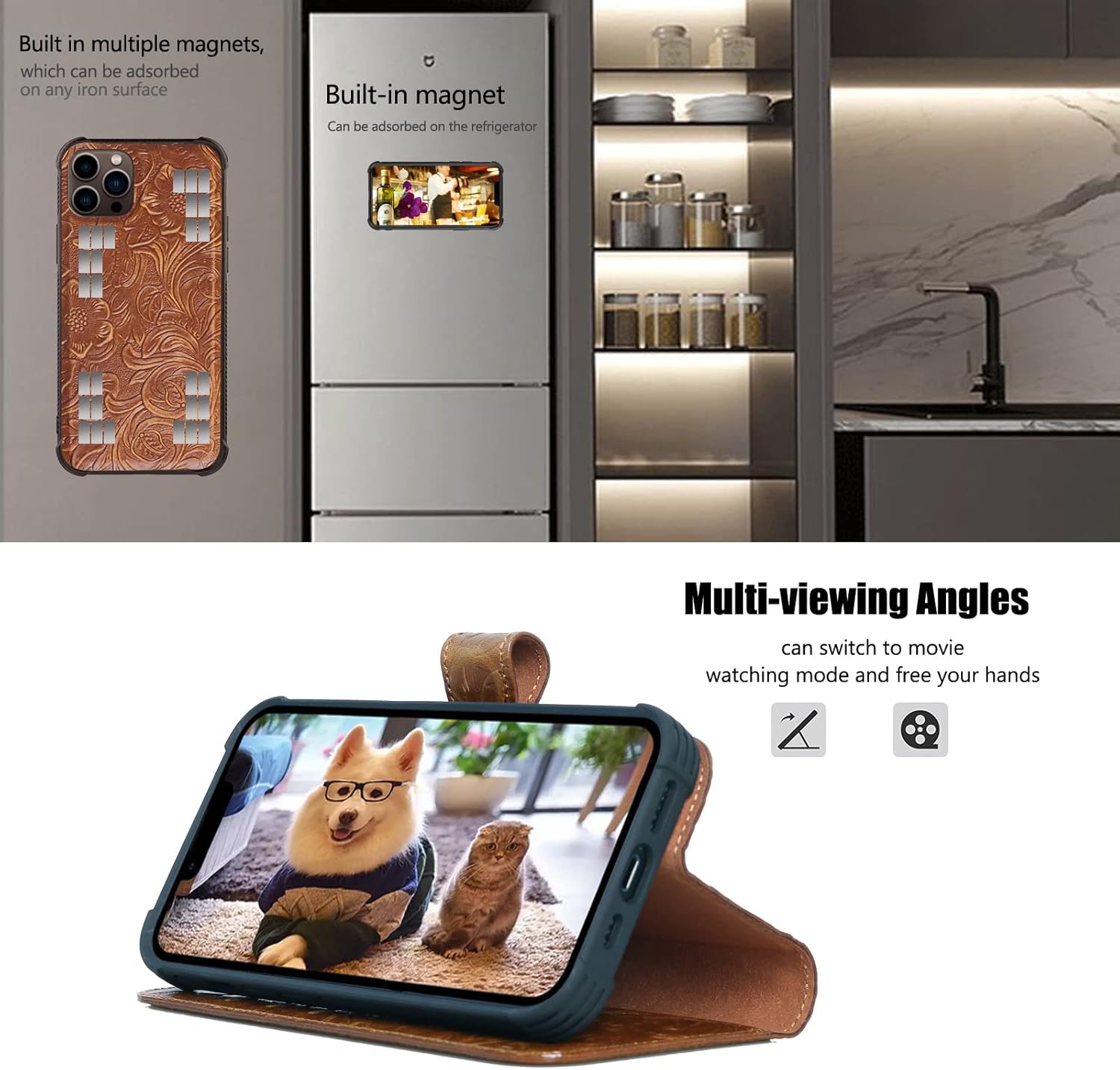Leather Case Compatible with iPhone 15 Pro Max Wallet 6.7",Genuine Leather 2in1 Magnetic Detachable Shockproof Kickstand,Flip Folio Cover with Card Slot,Wireless Charging RFID Blocking Brown