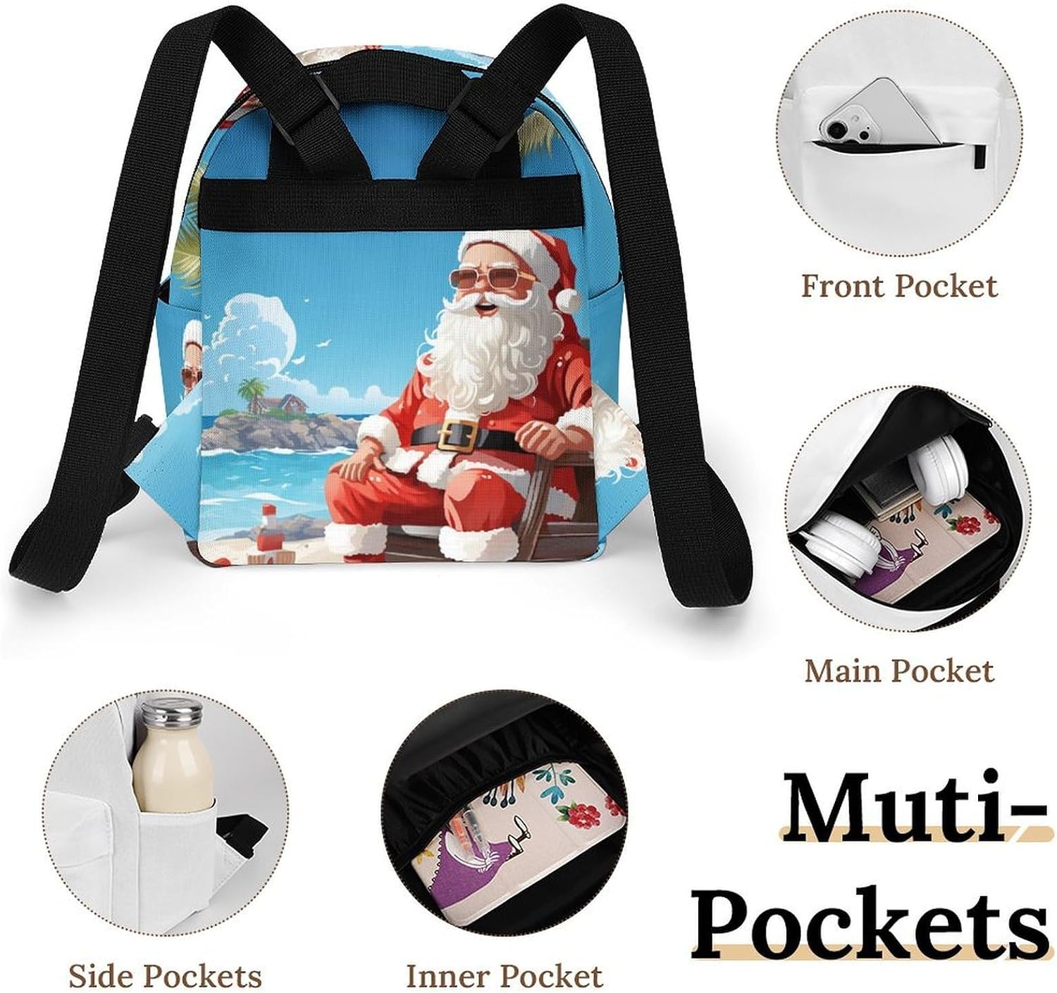 Waterproof Mini Backpack for Women - 10 Inch Oxford Lightweight Daypack Cute Bag Small Daypack Santa Claus At Beach Small Backpack Purse for Travel Work Weekender