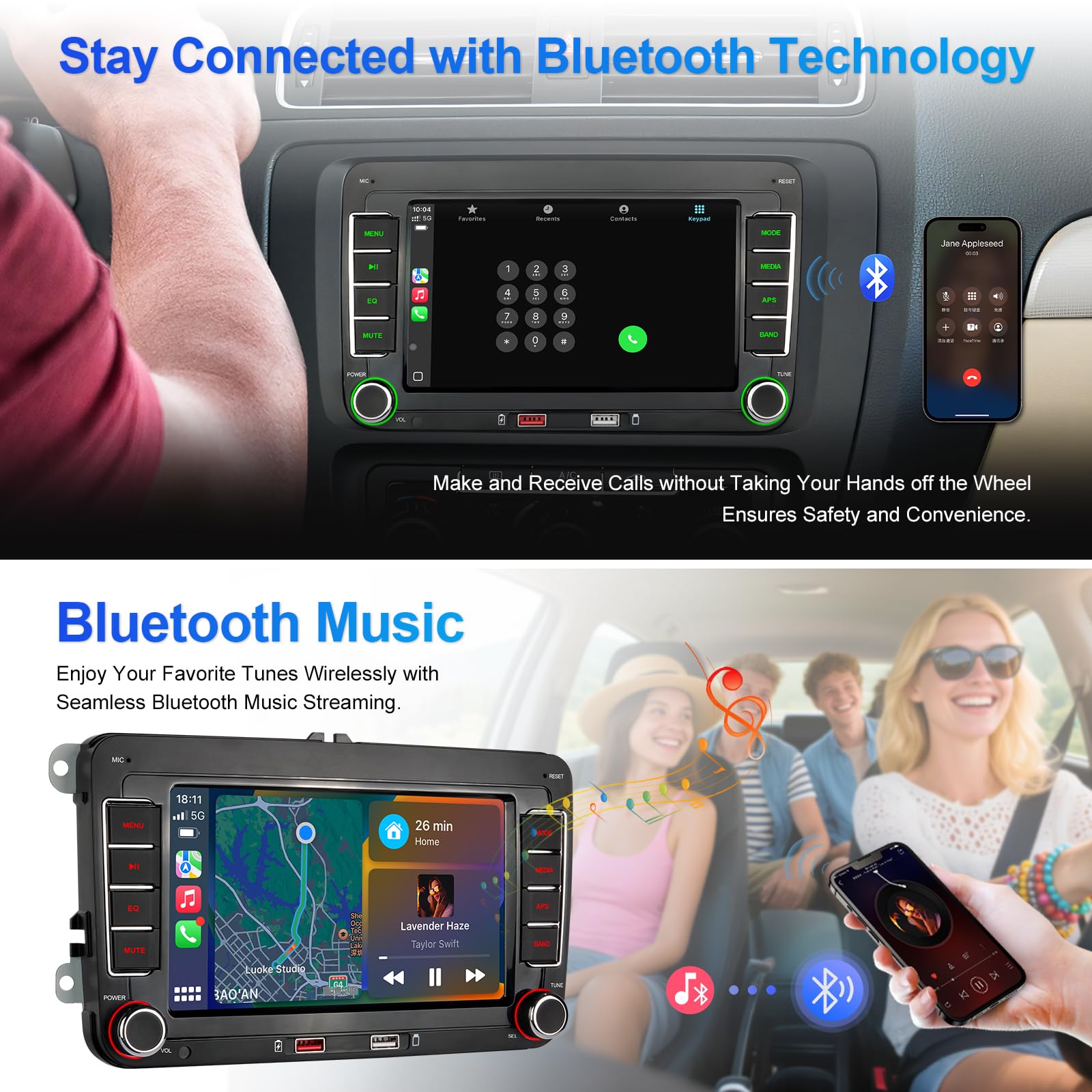 Autoradio mit Navi Bildschirm für VW Golf 5/6 Seat Passat Sharan Tiguan,7 Zoll Golf Radio mit Apple CarPlay & Android Auto Mirrorlink, VW Polo T5 Caddy Radio Bluetooth GPS SWC EQ USB FM, Linux