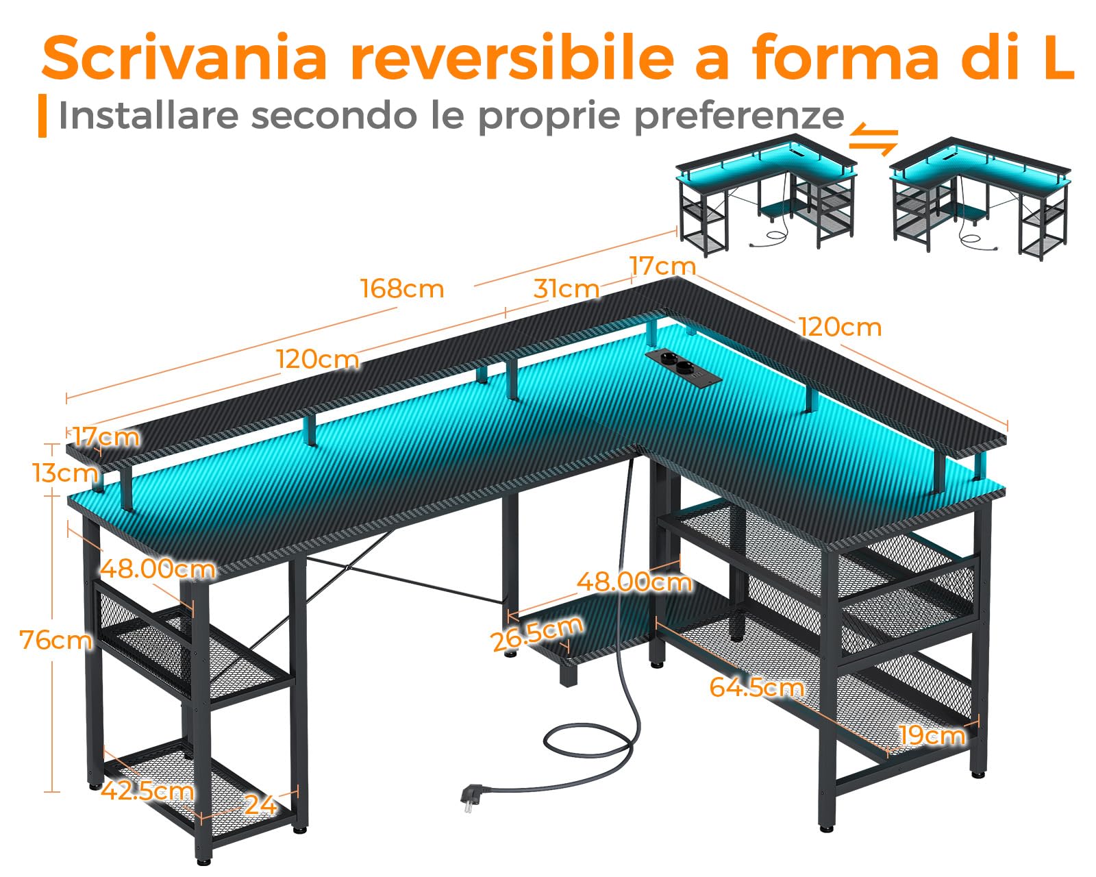 ODK Scrivania Gaming con LED, 168×120cm, Carbonio nero | reversibile, con scaffale e prese, scrivania angolare con vano portaoggetti e spazio