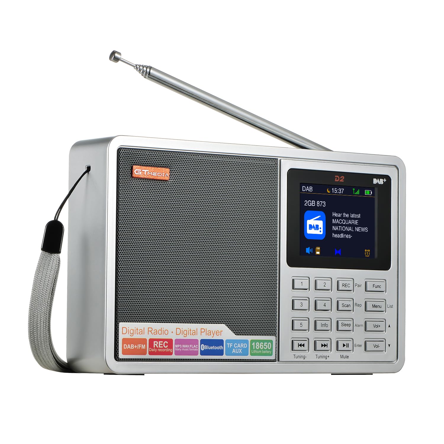Radio compacte avec Dab+/FM, Lecture Audio, Heure/Alarme, Affichage Couleur, Bluetooth et Support multilingue. Idéal pour Les Voyages, Les entraînements ou l'utilisation en Cuisine. des possibilités