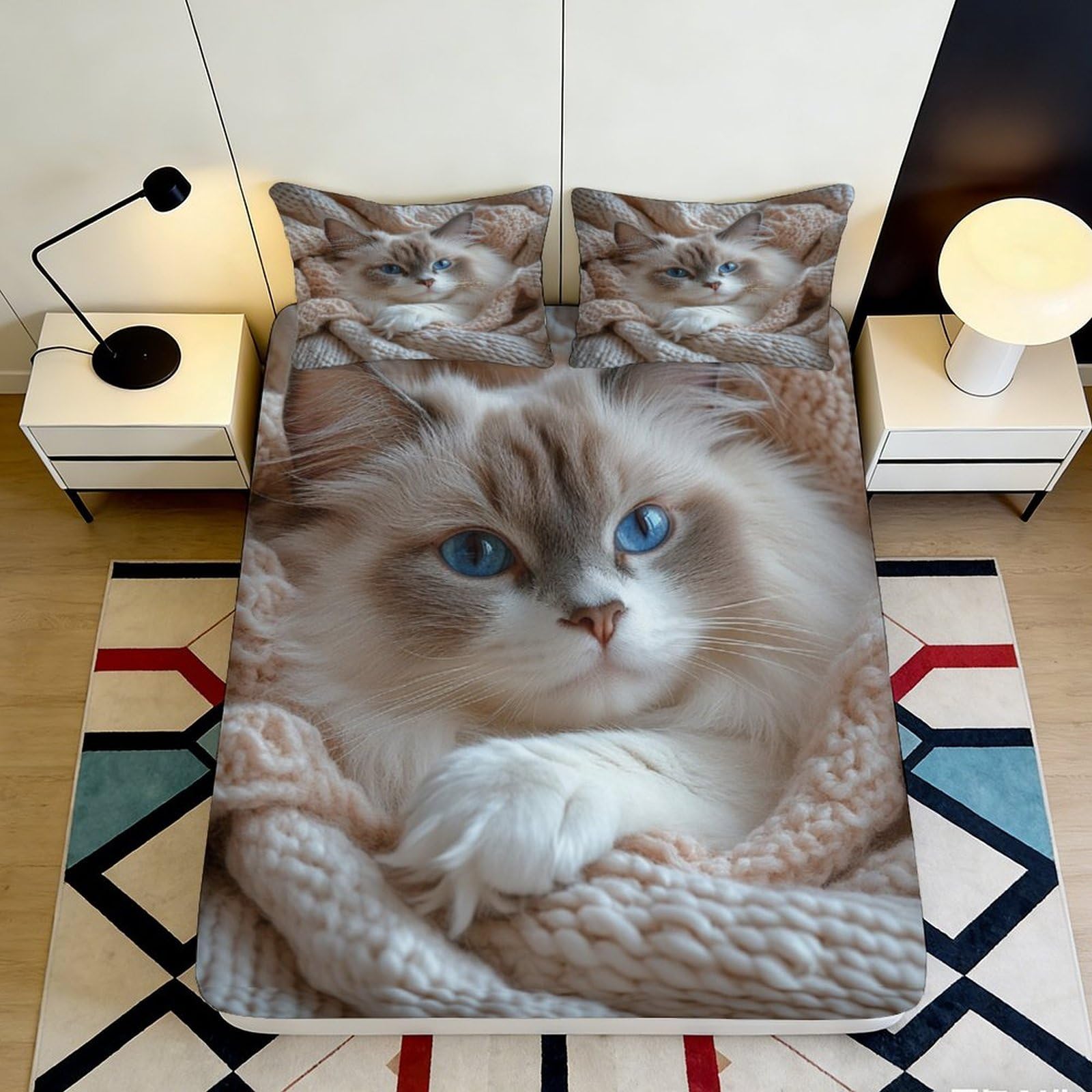 3D Printed Fluffy Cat Fitted Sheet Microfiber Soft Breathable Blue Eyes Bed Cover for Bedroom Guest Room Decor 90x200x25cm