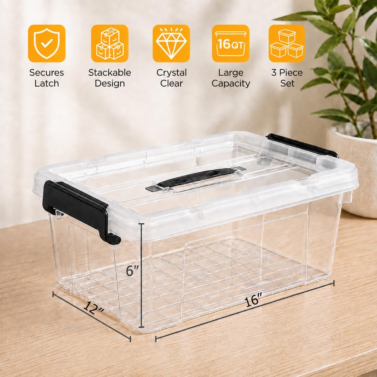Basicwise 3-pcs 16 Quart Clear Plastic Storage Bins for Home Organization image 5