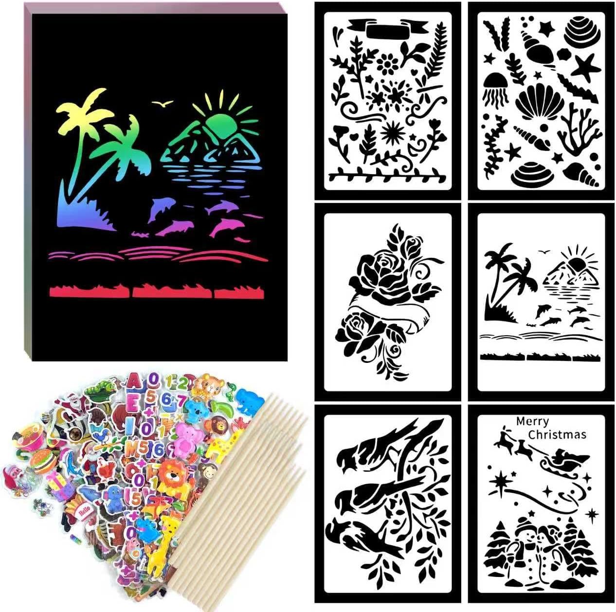 DOTTA - 114pcs Rainbow Scratch Art Paper for Kids 4-12 Years Old, Black Magic Scratch Notes, Personalized Stencils & Stickers for Birthday, Christmas Gift, Classroom Party Games Activities