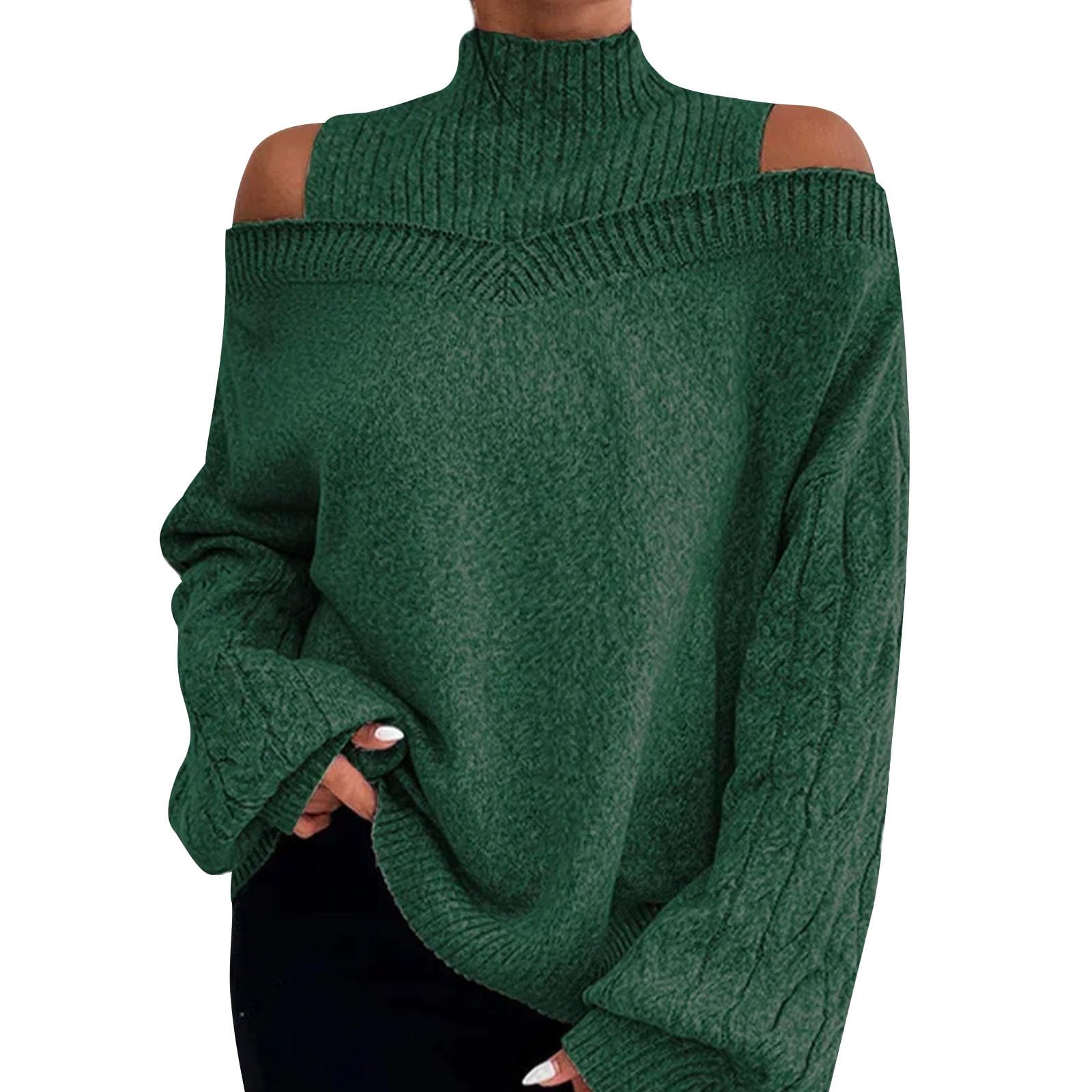 Turtleneck Off The Shoulder Sweater for Women Oversized Lantern Long Sleeve Cold Shoulder Cable Knit Jumper