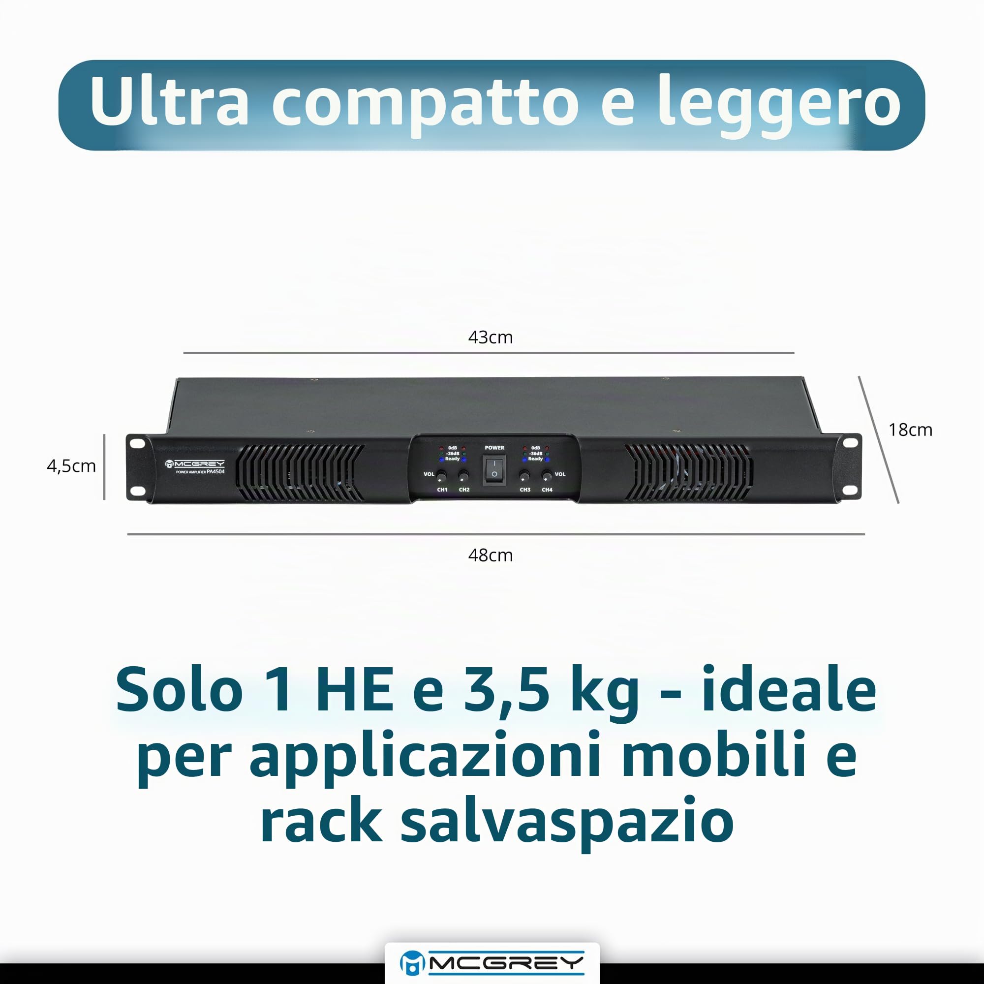 McGrey PA-4504 Amplificatore 1U 4x450W Class-D, 4 canali con ingressi XLR/Speakon, protezioni, per rack 19" leggero 3,5 kg — ideale per band, DJ, eventi e installazioni fisse