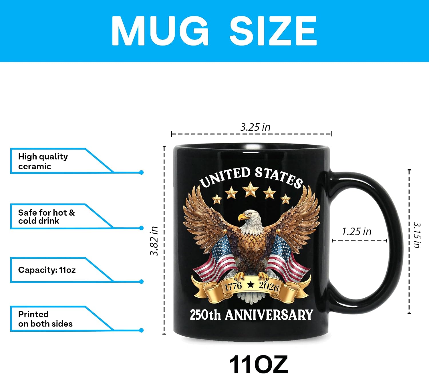 Hyturtle 250th Anniversary of America Coffee Mug, 250th Anniversary USA Mug, US Eagle Gifts for Men, Women, American Flag 1776-2026 Patriotic Keepsake, American USA Flag Black Coffee Tea Cup