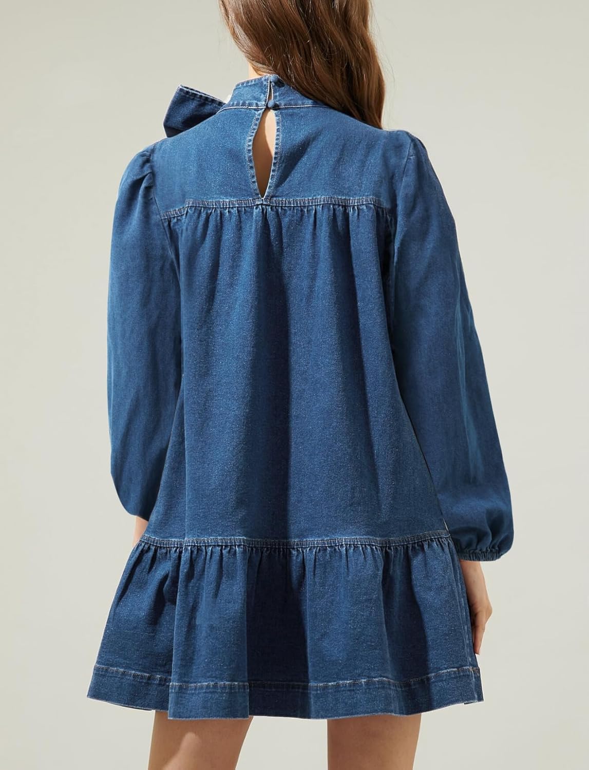 Women's Puff Long Sleeve Denim Dress Ruffle Mock Neck Tiered Mini Babydoll Dress Casual Flowy Swing Jean Dresses - Image 2