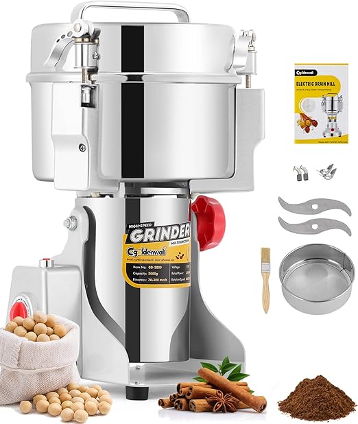 CGOLDENWALL 2000g Electric Grain Grinder Mill Safety Upgraded 3000W High-speed Spice Herb Grinder Commercial Superfine Machine Dry Cereals Pulverizer CE 110V (2000g Swing Type)