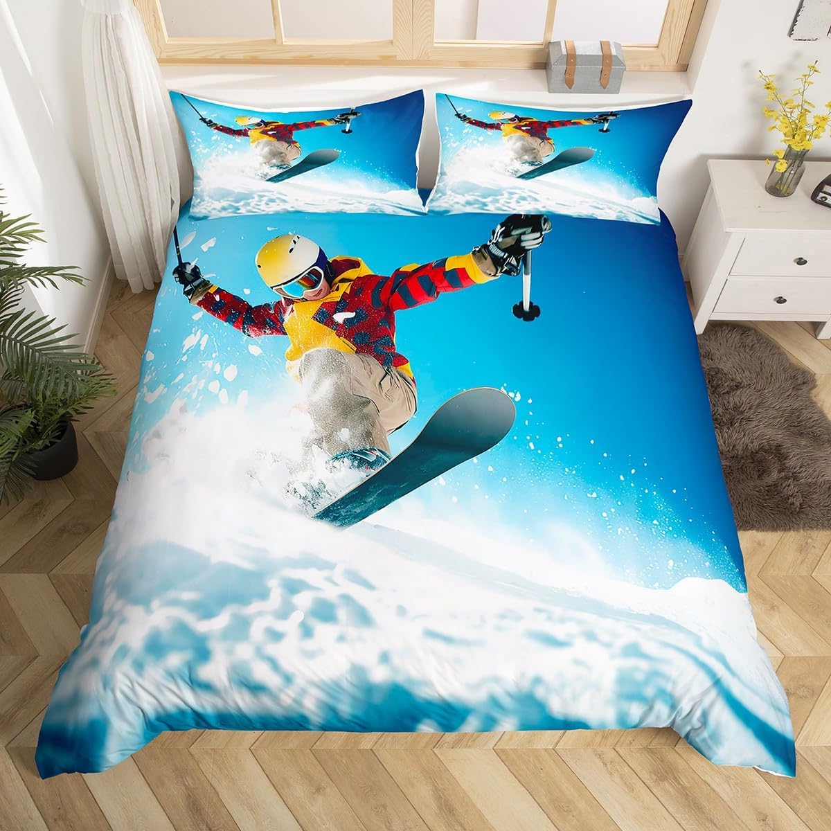 Feelyou Snowboarder Duvet Cover Ski Snowboard Bedding Set Winter Sport Comforter Cover Boys Girls Teens Bedroom Decor Telfer and Snowboarding Image Bed Set Queen Size With 2 Pillow Case (No Comforter)