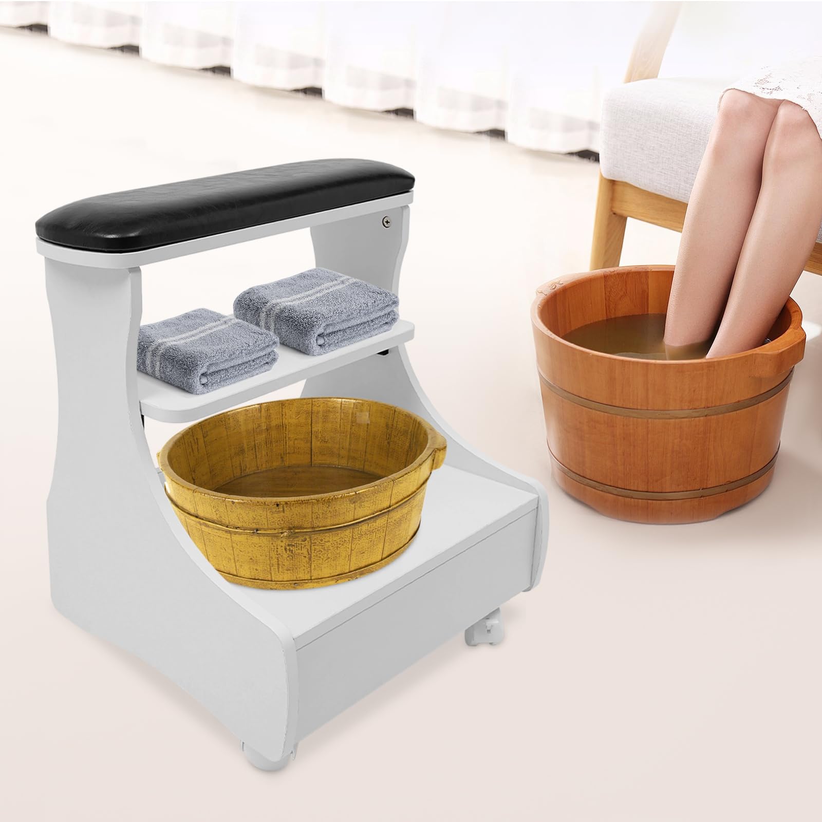 Taburete de Pedicura y Manicura, Reposapiés para Salón de Belleza y Uñas (Negro)