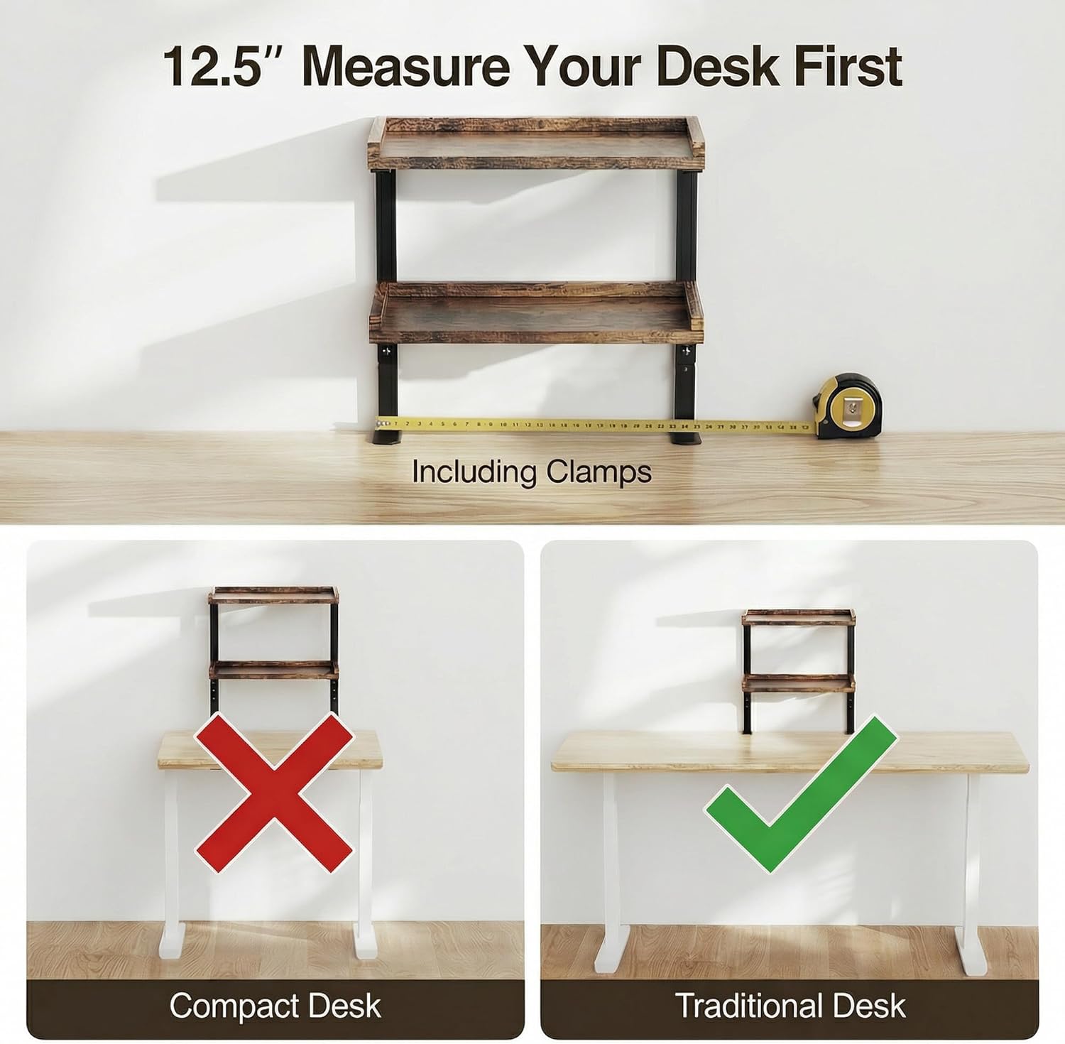 Clamp On Desk Shelf 2-Tier, 12.5 inche Wood Shelving Unit for Office Desk/Gaming Accessories, Tabletop Book Storage Rack, Shelf for Top & Under of Desk, Brown