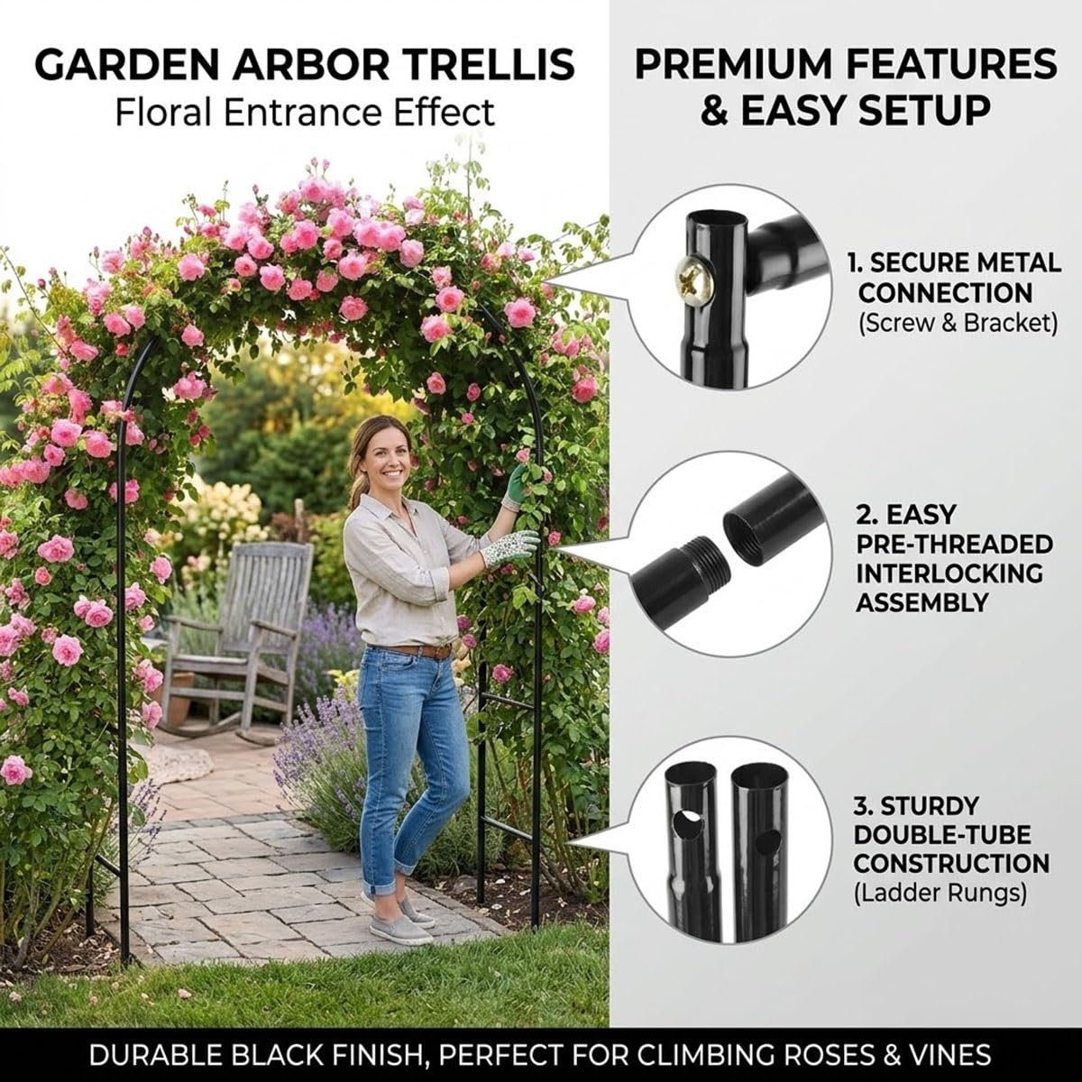 120x220cm 200x230cm Arche de Jardin en Métal, Support Tuteur Treillis pour Plantes Grimpantes Rosiers, Arceau Pergola Gloriette pour Extérieur Décoration de Mariage(Noir,W300 xH220cm)