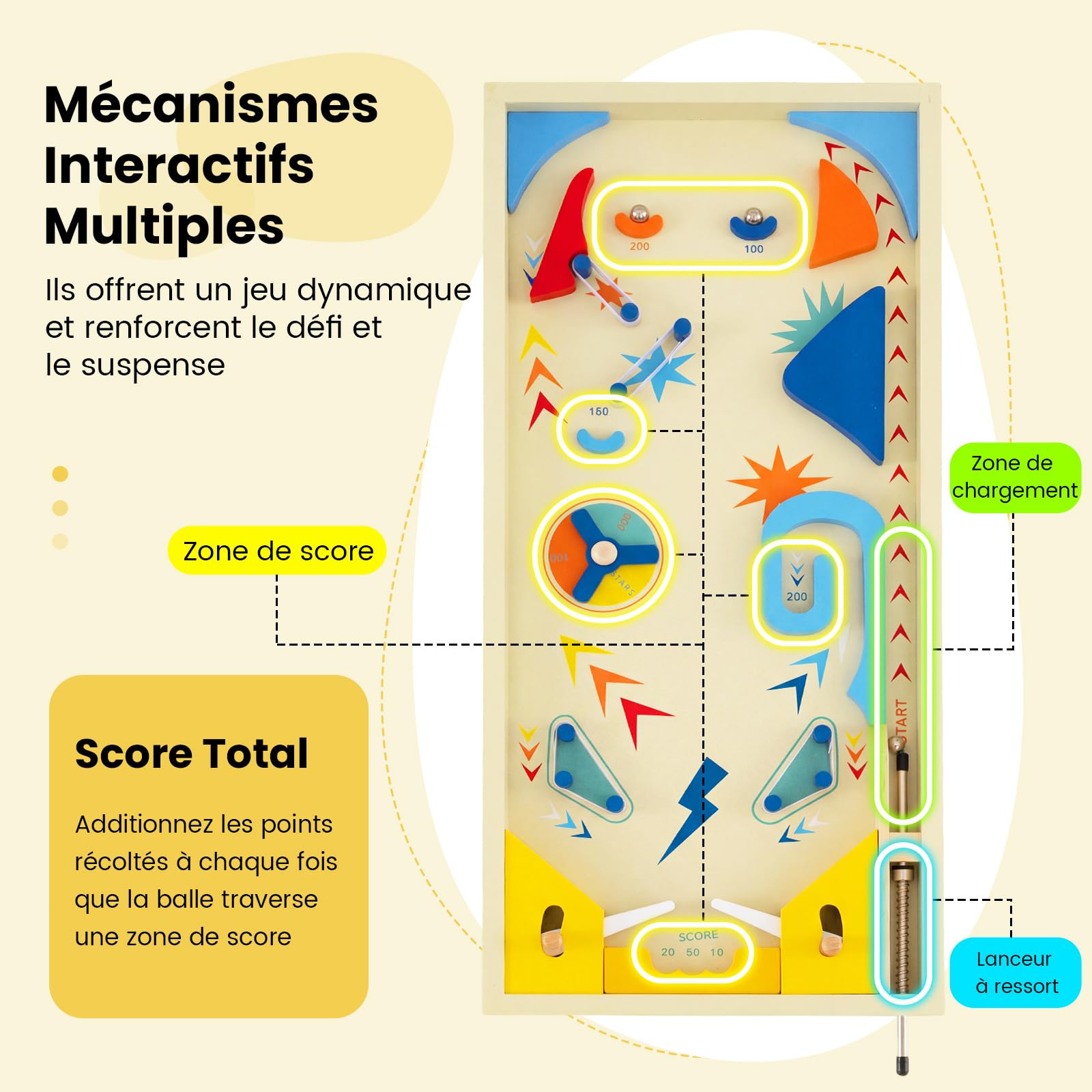 COSTWAY Flipper en Bois Enfant avec 3 Billes Métalliques, Jeux de Société Éducatif avec Lanceur à Ressort et 2 Pieds Détachables, Mécanismes Interactifs, Jeu d'Adresse pour 6 Ans+