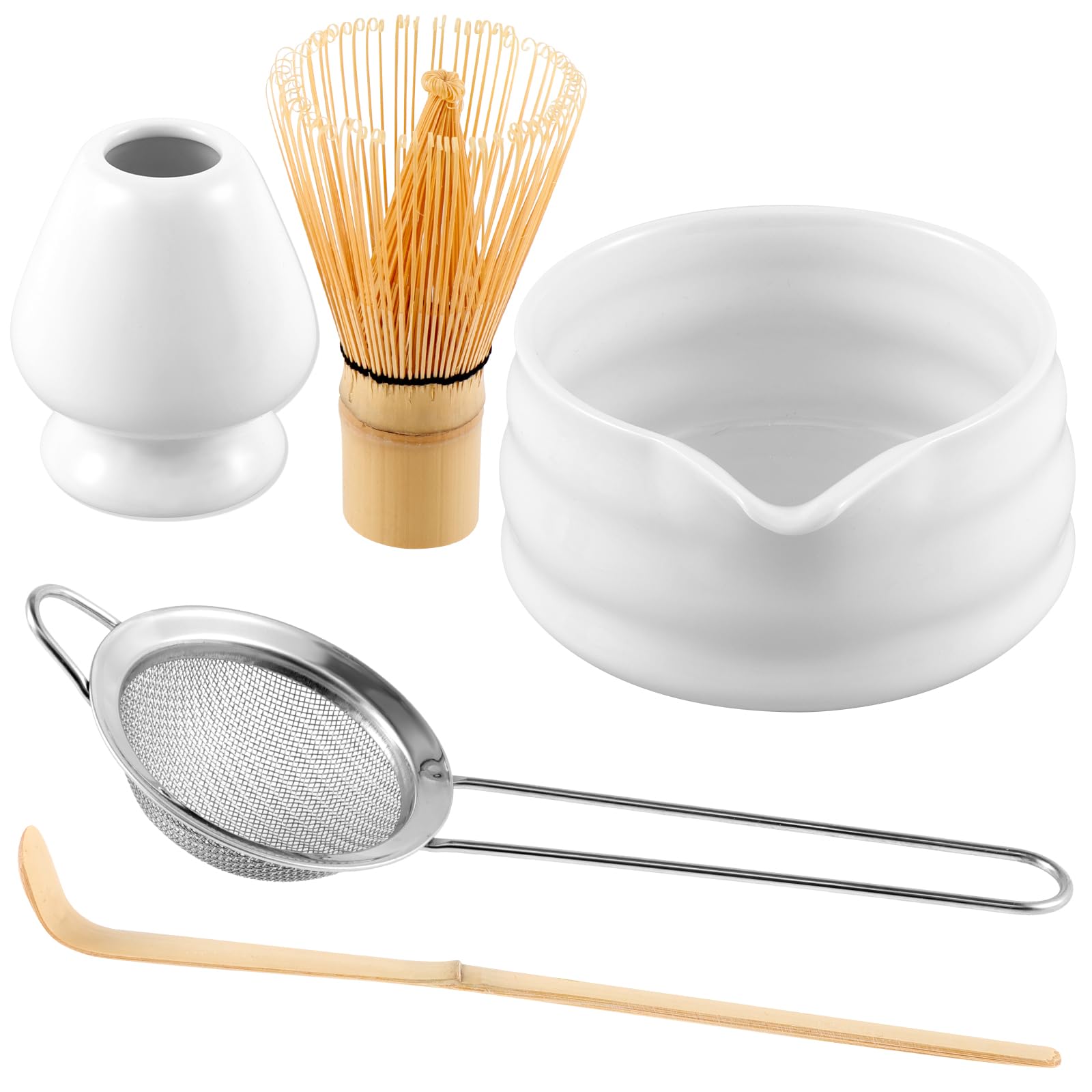 Matcha Whisk Set, Ceramic Matcha Bowl with Pouring Spout, Stainless Sifter Ceramic Whisk Holder, Bamboo Scoop, Exquisite Matcha Kit for Matcha Tea Culture (White)