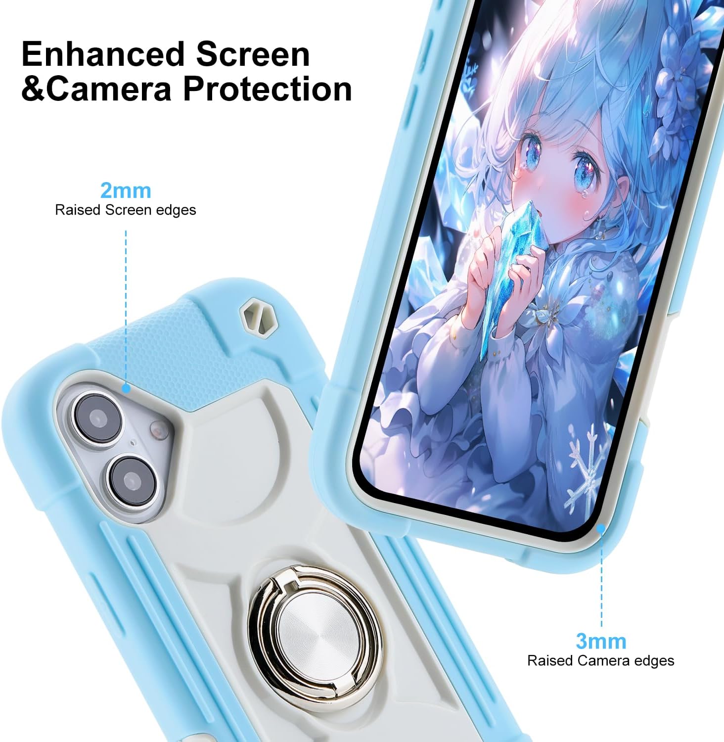 for iPhone 16 6.1 inch Case - Heavy Duty Shock Resistant Military Grade Rugged Case with Ring Stand, Glass Screen Protector and Camera Lens Protector (Ice Blue)