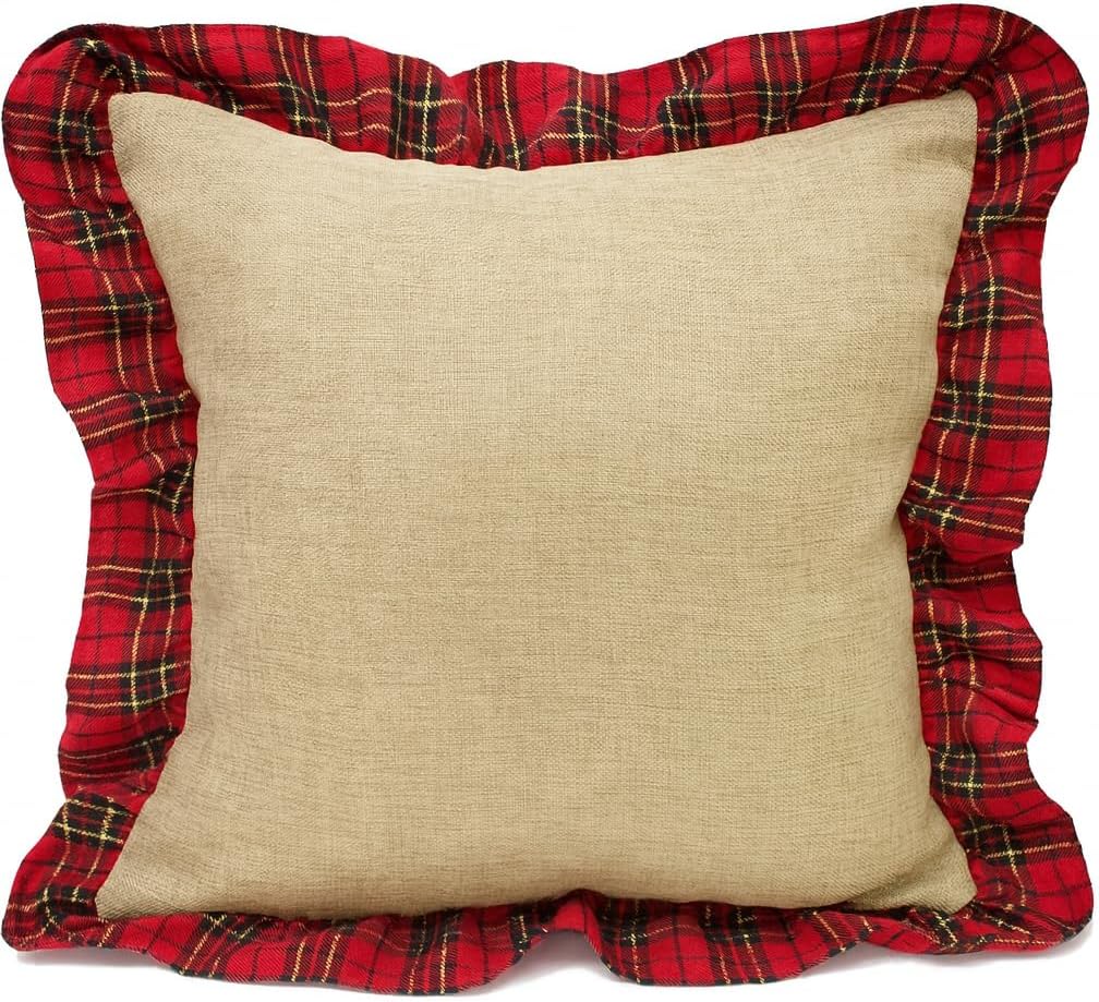 Fennco Styles Holiday Deer Tartan Plaid Ruffle Border Christmas Decorative Throw Pillow (12"x20" Ruffle Flange, Case+Insert)