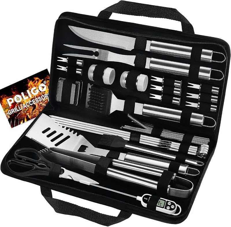 POLIGO 29 PCS BBQ Grill Accessories Stainless Steel BBQ Tools Grilling Tools Set with Storage Bag for Fathers Day Dads Birthday Presents - Camping Grill Utensils Set Ideal Grilling Gift for Men Silver