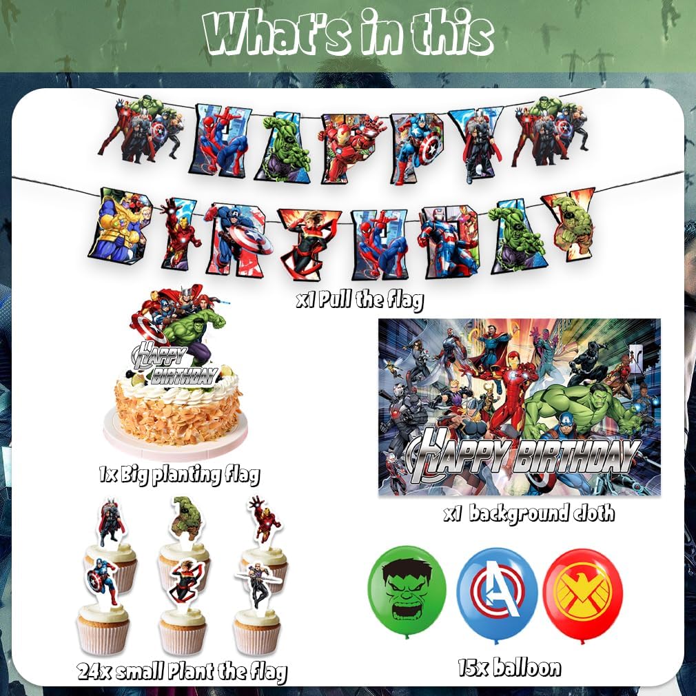 42Pcs Avengers Party Supplies Pack Includes，Banner，Cake Topper，Blackdrop,Balloons for Superhero party Decoration