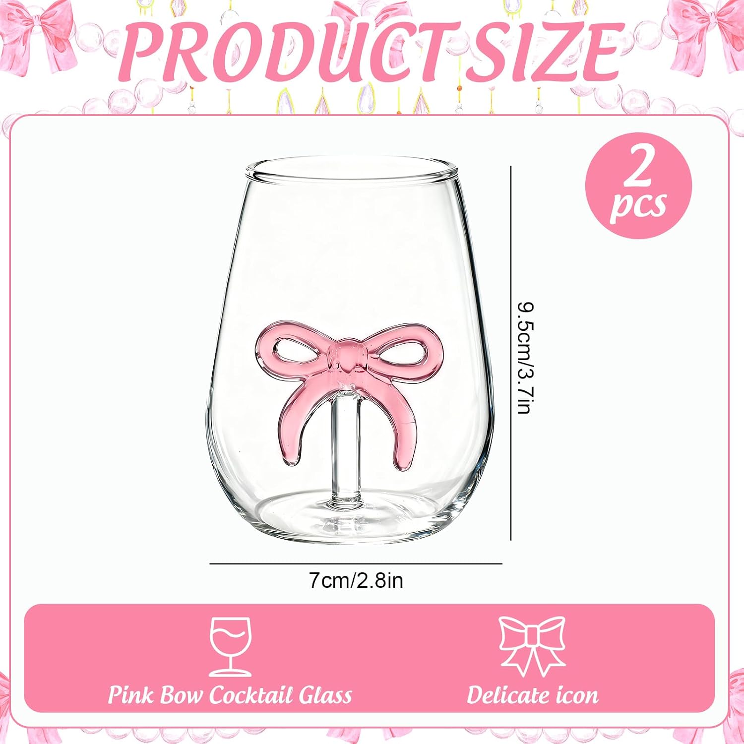 JarThenaAMCS 2Pcs 3D 6 oz Pink Bow Stemless Wine Glass Hand Blown Bow Knot Clear Drinking Glasses for Coquette Birthday Baby Shower Dinner Party Favors Supplies, 2.8 x 2.8 x 3.7 inch