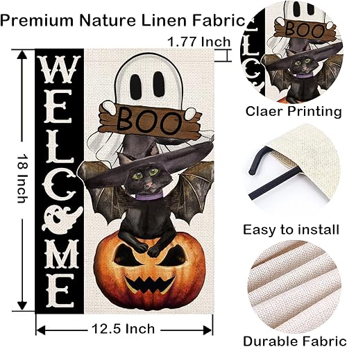 Miniatura 6 de Banderas de bienvenida de Halloween, banderas de fantasmas con cara de gato negro y calabaza de doble cara de 12 x 20 pulgadas, banderas verticales