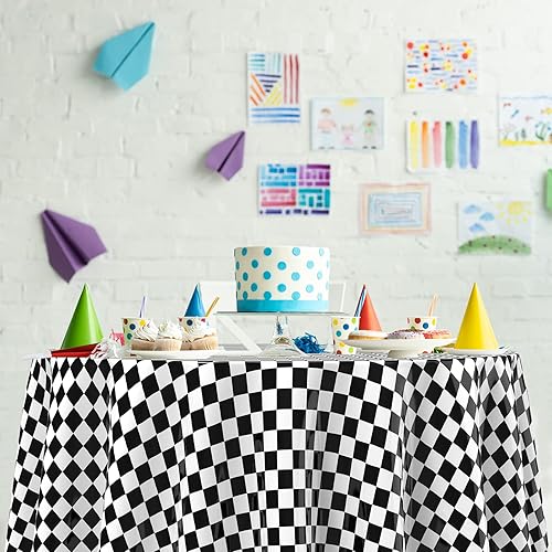 Miniatura 9 de Manteles a cuadros blancos y negros, 84 pulgadas, mantel de bandera a cuadros negros, funda de plástico desechable para picnic, camión, suministros