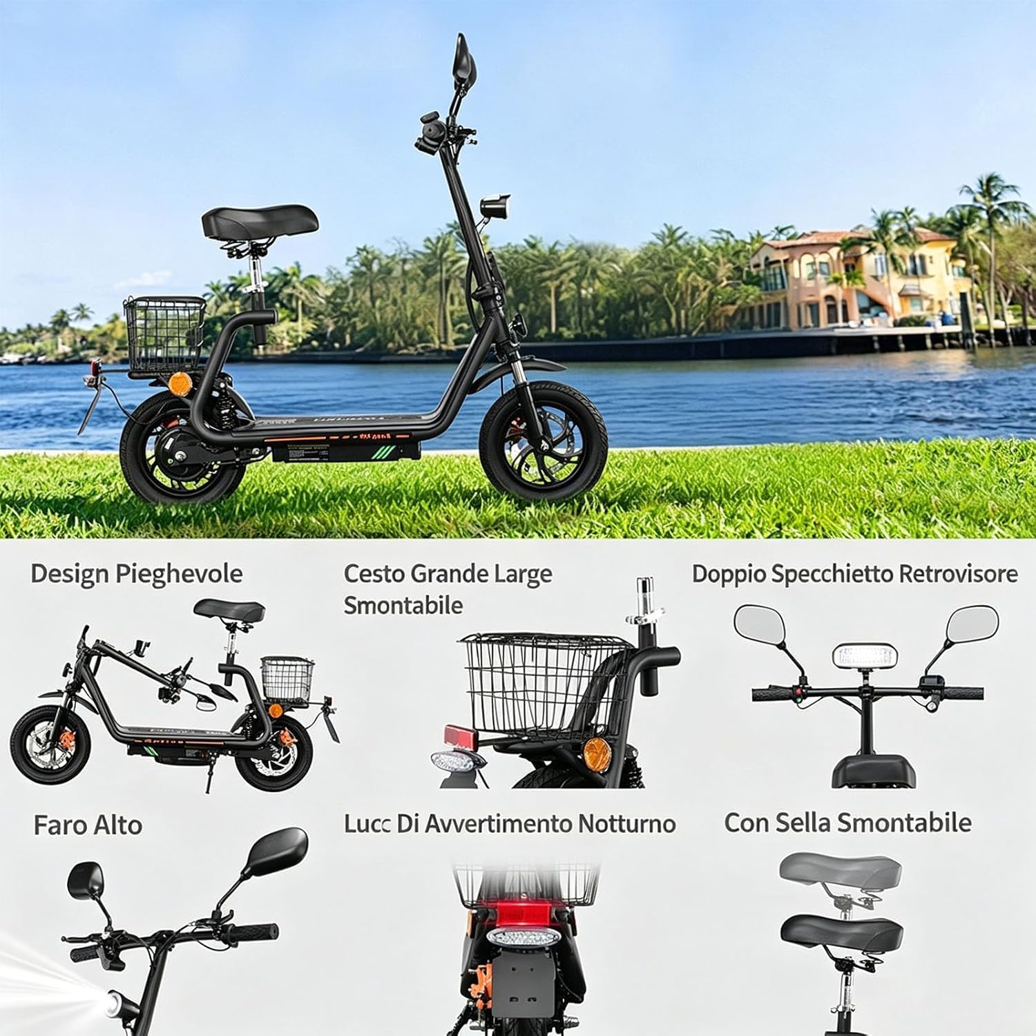M5PRO-E Monopattino Elettrico Pieghevole, 48V 13 Ah, 30Km di Autonomia | Limite Velocità Sbloccabile,Display,Pneumatici 12",Sedile, Bauletto,Specchietti Retrovisori,Doppia Sospensione&Freno Disco