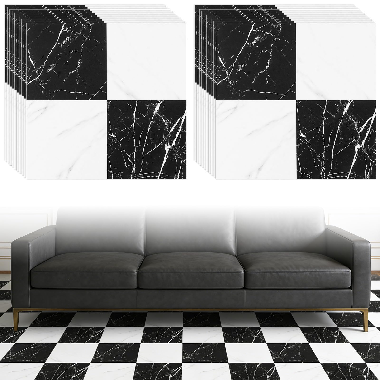 DAJAVE 20 adhesivos para azulejos, 30 x 30 cm, revestimiento de vinilo, revestimiento de PVC, suelo de vinilo, bricolaje para cocina, baño, suelo, pared (mármol blanco y negro)