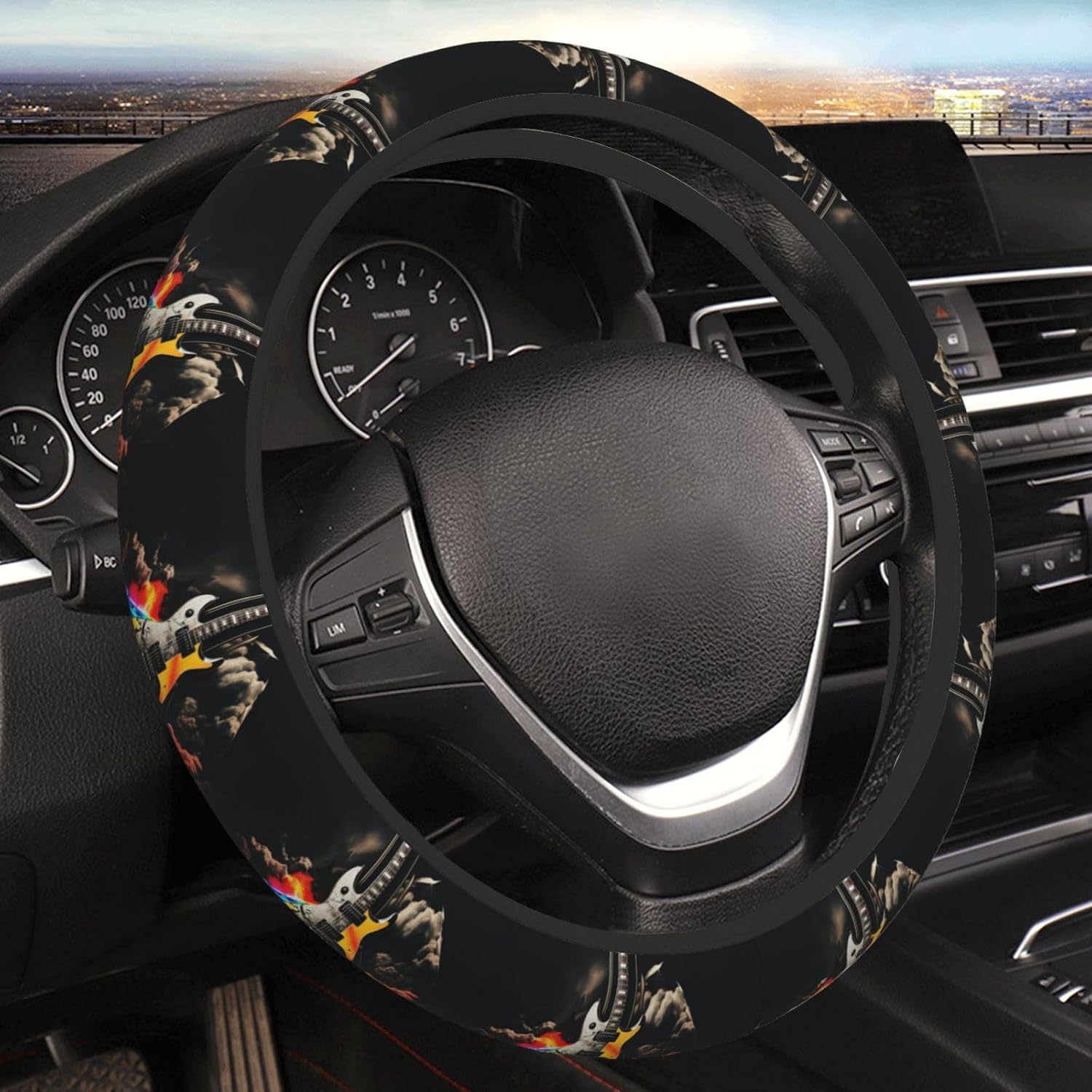 Elastic Car Steering Wheel Cover Universal 15 Inch Stretch Automotive Steering Wheel Protector Cover Anti Slip Neoprene Novelty Rock Music Cars Interior Accessory for Men Women