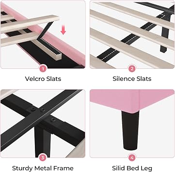 ADORNEVE Twin Bed Frames with LED Lights, Princess Bed with Adjustable Chic Double Shell Headboard, Girl Bed Velvet Upholstered Platform Bed with Princess Crown, Solid Wood Slats Support, Pink